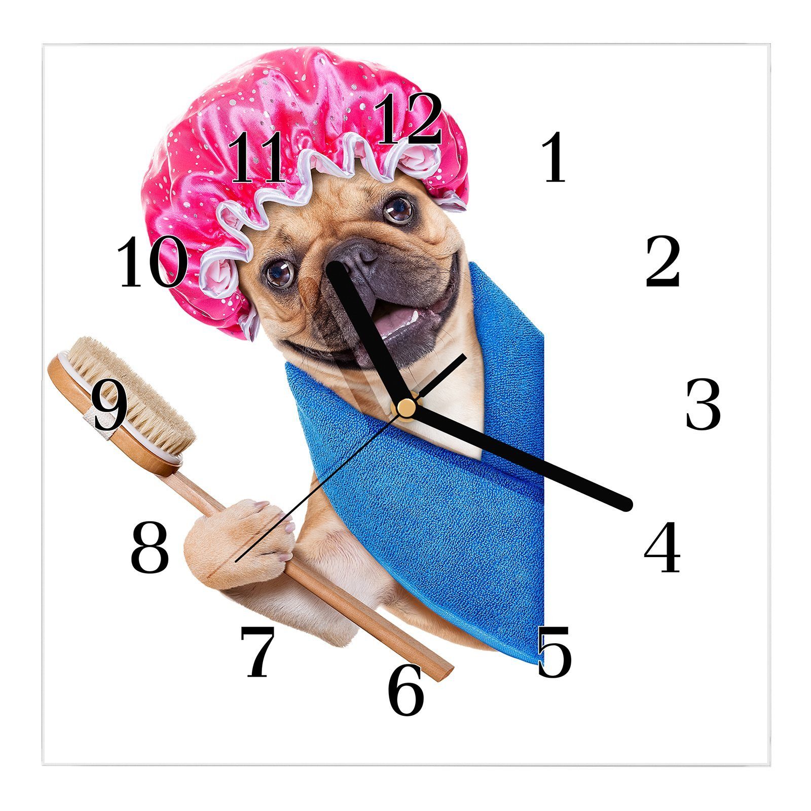 Primedeco Wanduhr Glasuhr Wanduhr Wandkunst Größe 30 x 30 cm mit Motiv Hund mit Haube