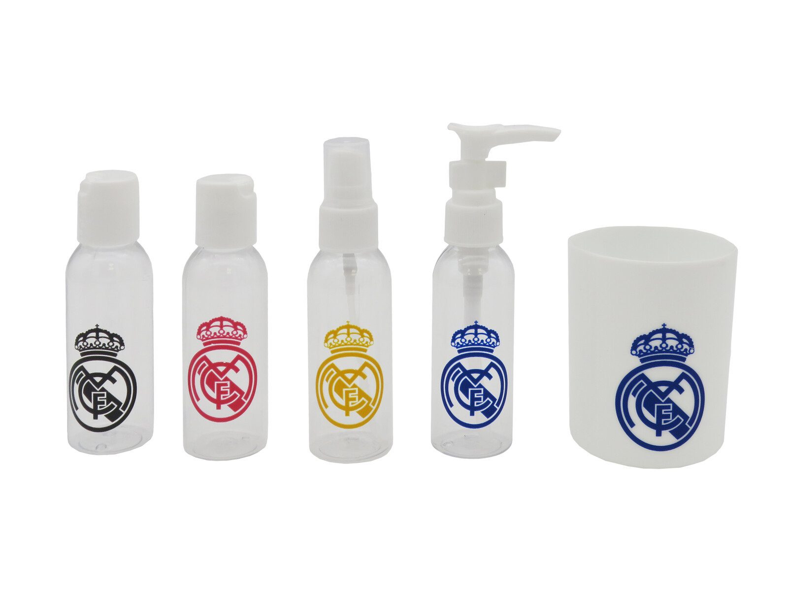Real Madrid Kulturbeutel Reise Kulturbeutel Set mit 4 Flaschen Dispenser und Becher 200 ml