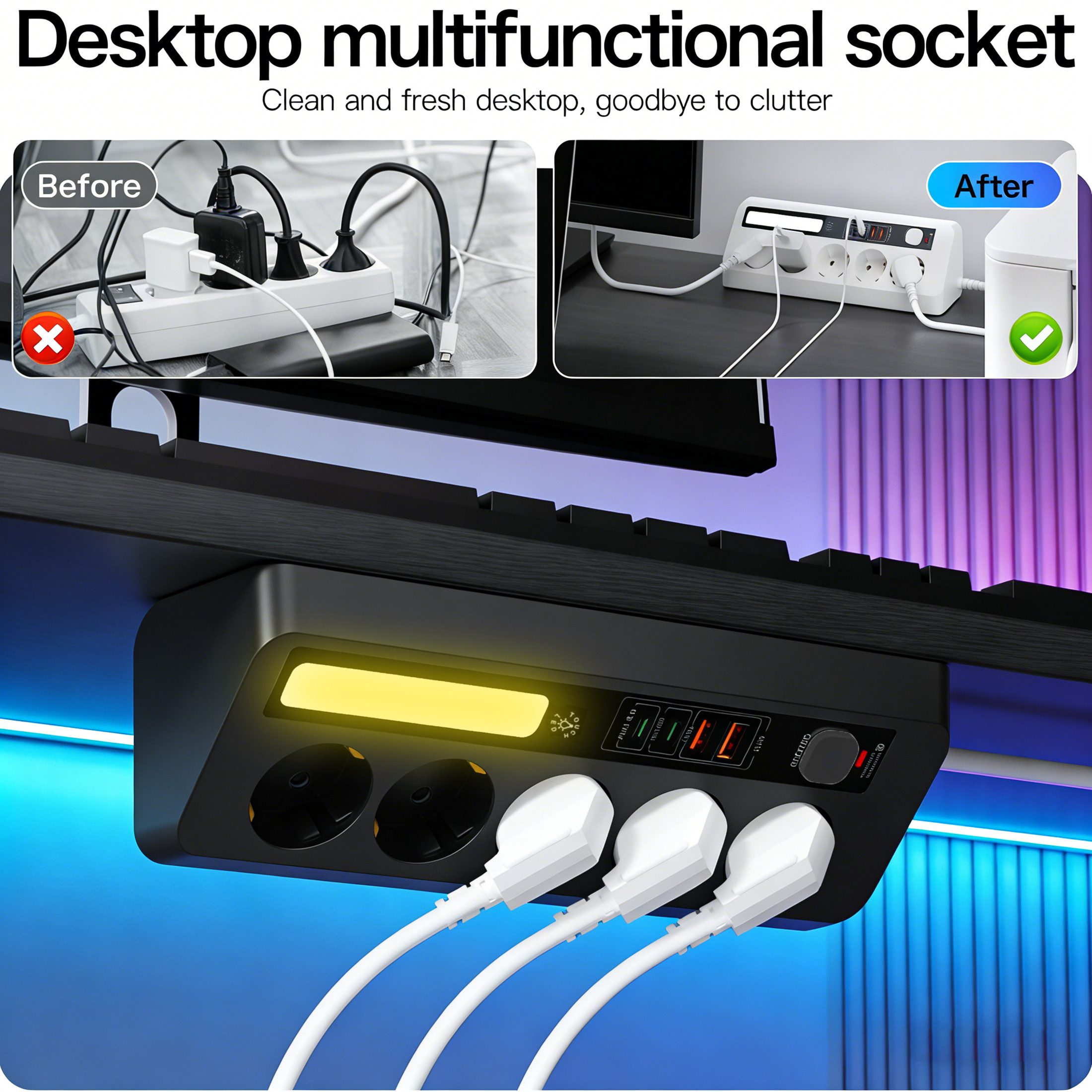 Luckice Tischsteckdosenleiste mit 5 Steckdosen,Eck-Steckdosenleiste Mehrfachsteckdose 9-fach (Ein-/Ausschalter, USB-Anschlüsse, 4 USB-Ports (PD 35 W & 20 W), LED-Statusanzeige, mit Schalter, Steckdosenleiste 5-fach, mit USB, mit Kindersicherung, Schutzkontaktkupplung, Überspannungsschutz, Quick Charge, Power Delivery, mit USB Ladeanschluss), 2 m Kabel, Ecksteckdose für Büro und Zuhause