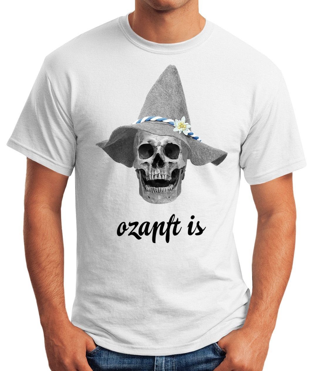Print T-Shirt Skull Bayern Print-Shirt Filzhut is Totenkopf mit ozapft Volksfest Fun-Shirt Bayrisch Moonworks® Herren MoonWorks