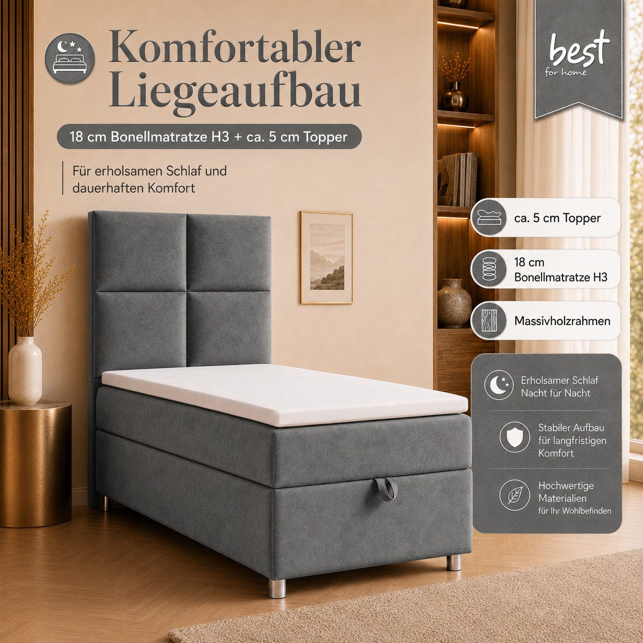 Best for Home Boxspringbett Trinity K-2 mit Bettkasten & Topper – Komfort & Stauraum (Einzelbett, Hotelbett, Polsterbett gepolstertes Kopfteil, Jugendbett, Kinderbett versch. Größen, 1-St., 70x200 80x200 90x200 100x200 cm), Einzel-Boxspringbett mit integriertem Stauraum, gepolstertem Kopfteil