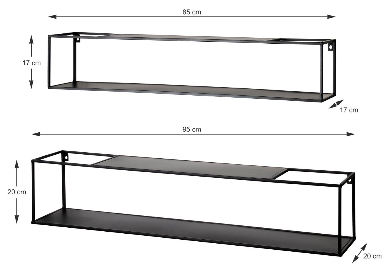 möbelando Küchenregal Leicester ML, Modernes 2er-Set Wandregal aus  Stahlrohr in schwarz lackiert, Ablagen aus Metall in schwarz lackiert,  montiert. Breite: 85/95 cm, Höhe: 17/20 cm, Tiefe: 17/20 cm.