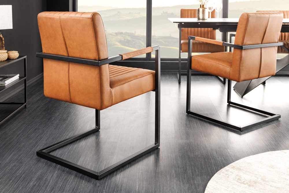 riess-ambiente Freischwinger BIG ASTON vintage cognac – Echtleder, Taschenfederkern, Metall (Einzelartikel, 1 St), inkl. Armlehne für hohen Sitzkomfort – ideal für Dein Loft-Esszimmer