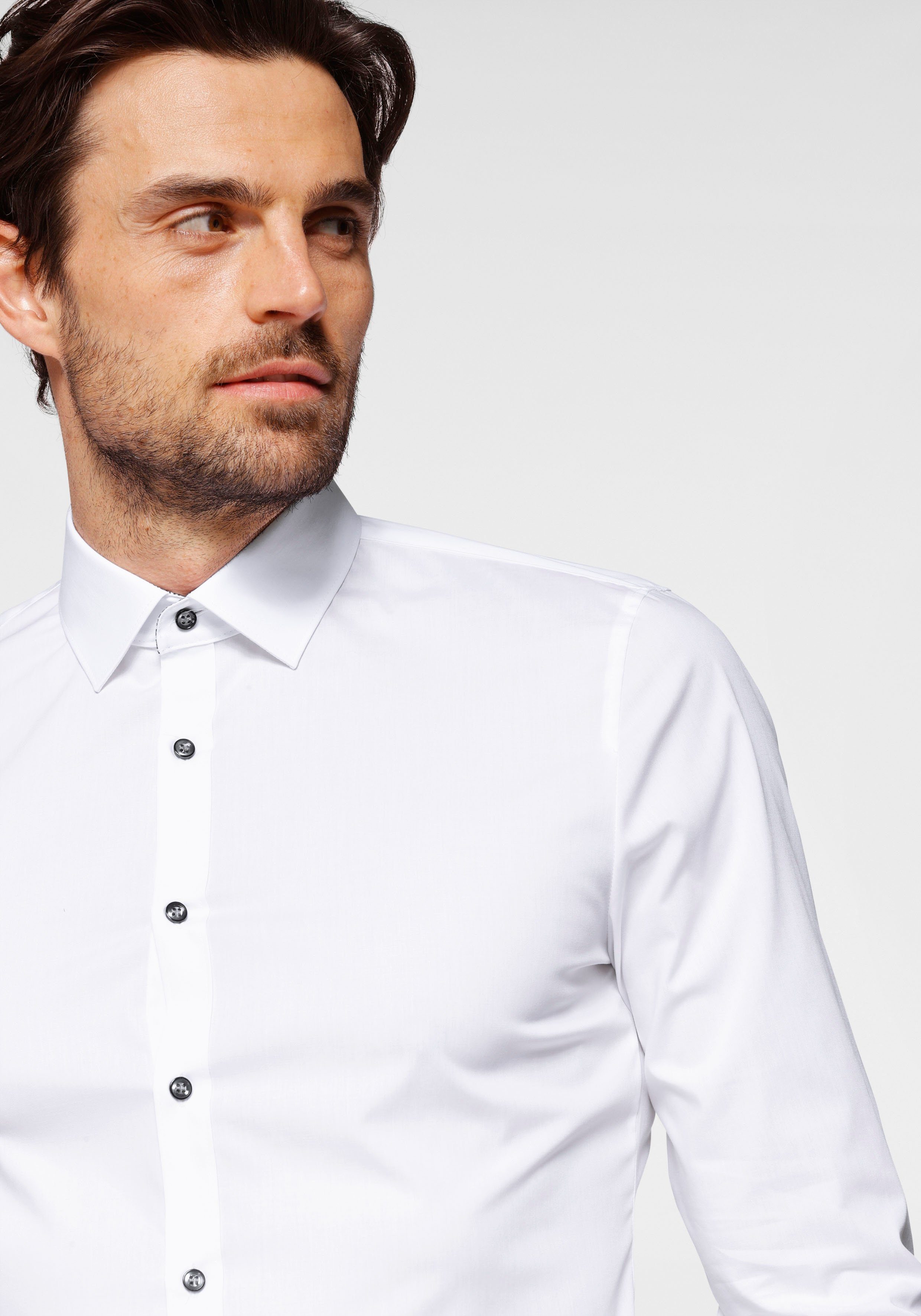 Six Comfort OLYMP slim Stretch, super weiß-anthrazit-kontrastfarbene Details No. Businesshemd slim, super bügelleicht