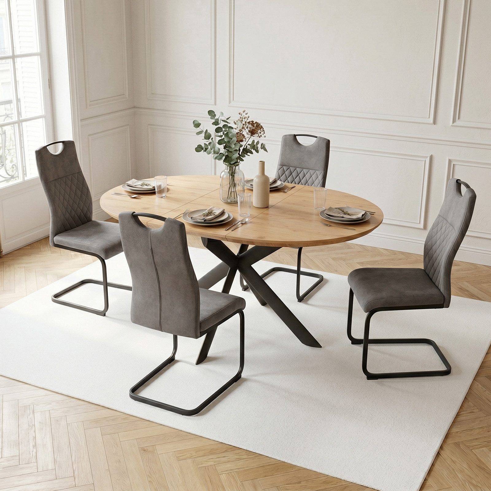 Jiexi Essgruppe Tisch-und Stuhlset, Ausziehbarer Esstisch (110-150 cm) mit 4-6 Stühlen, Esstisch mit Stühlen