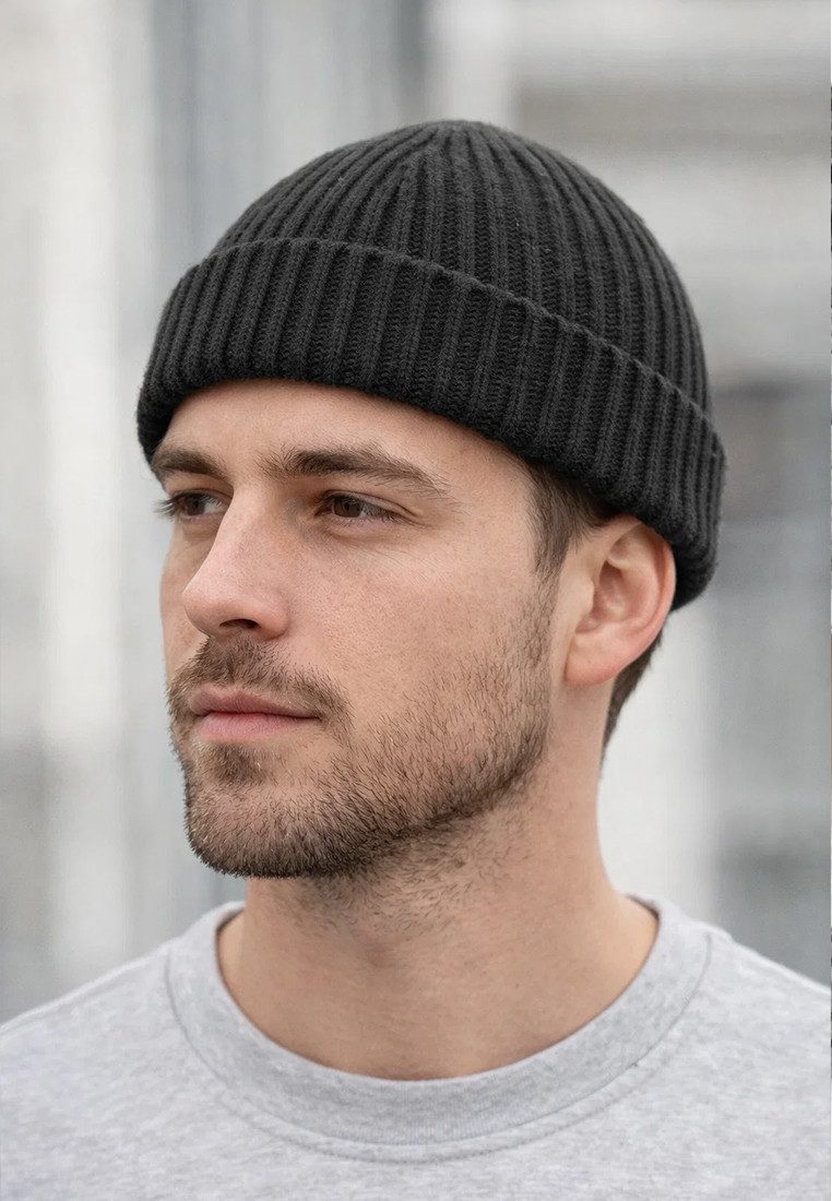 Yuhu Beanie Trawler Beanie Herren kurz Retro Dockermütze mit Umschlag Rippstrick
