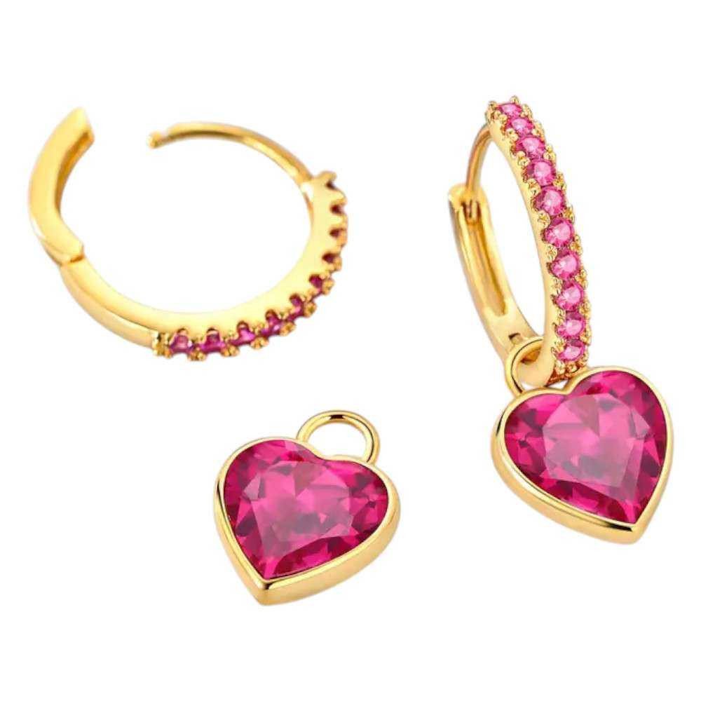 Taffstyle Paar Creolen Damen Ohrringe Creolen mit pinkem Kristall Herz Anhänger vergoldet (Romantische Creolen mit pinken Kristall Herzanhänger aus Chirurgenstahl in Gold)