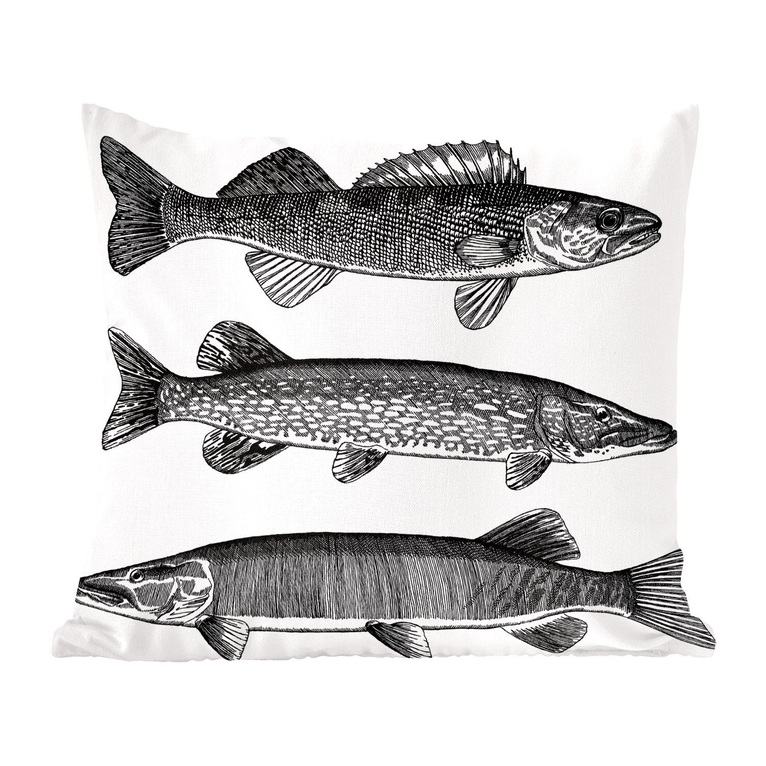MuchoWow Dekokissen Eine Illustration von drei Fischen, Zierkissen mit Füllung für Wohzimmer, Schlafzimmer, Deko, Sofakissen