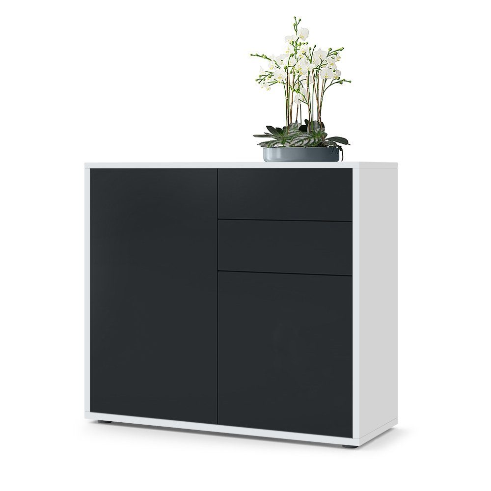 Vladon Kommode Ben V1 (Kommode, mit 2 Türen und 2 Schubladen), Weiß matt/Schwarz matt (79 x 74 x 36 cm)