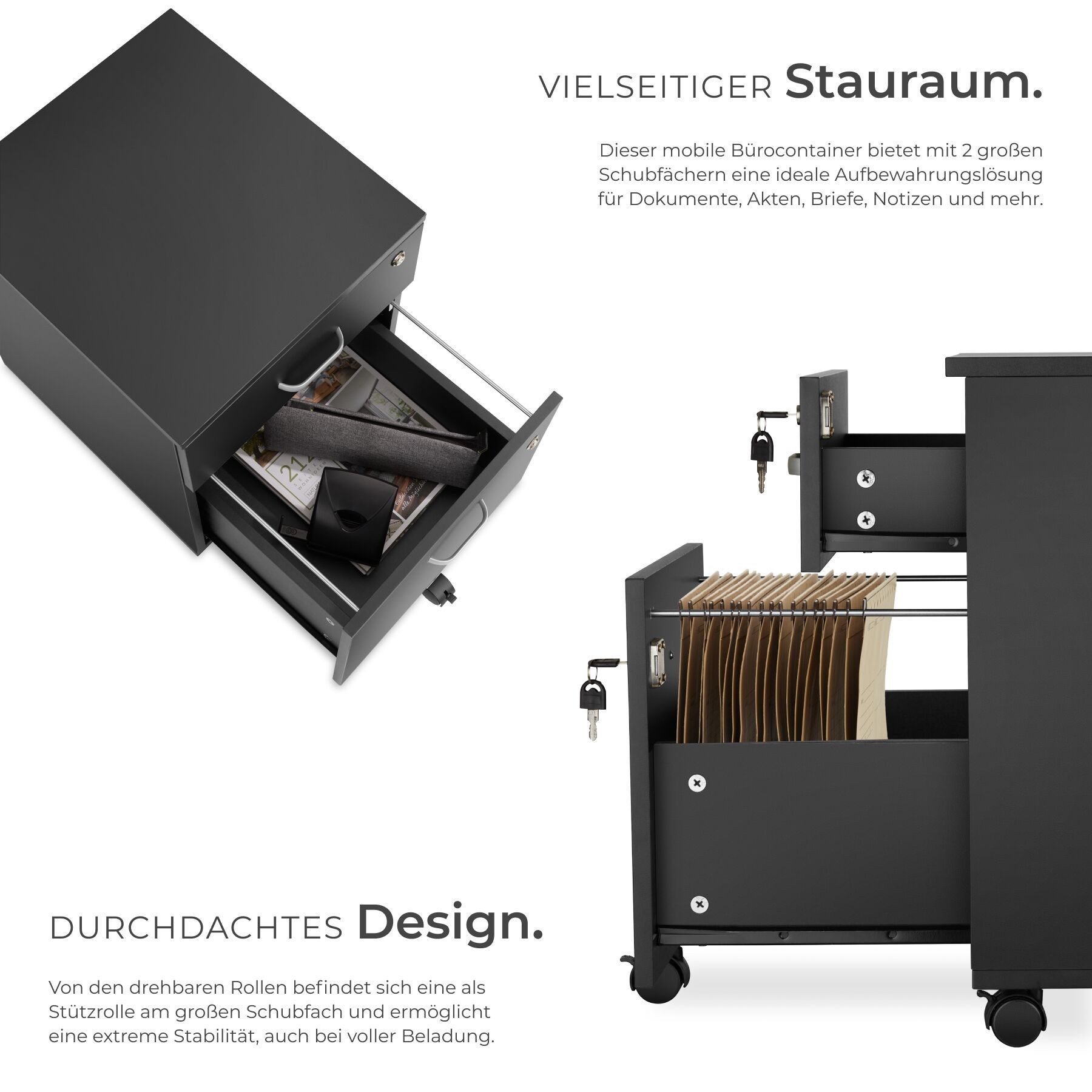 tectake Rollcontainer Rollschrank Vagur, 2 abschließbare Schubladen, mit 2 Schubladen für Dokumente im A4 Format