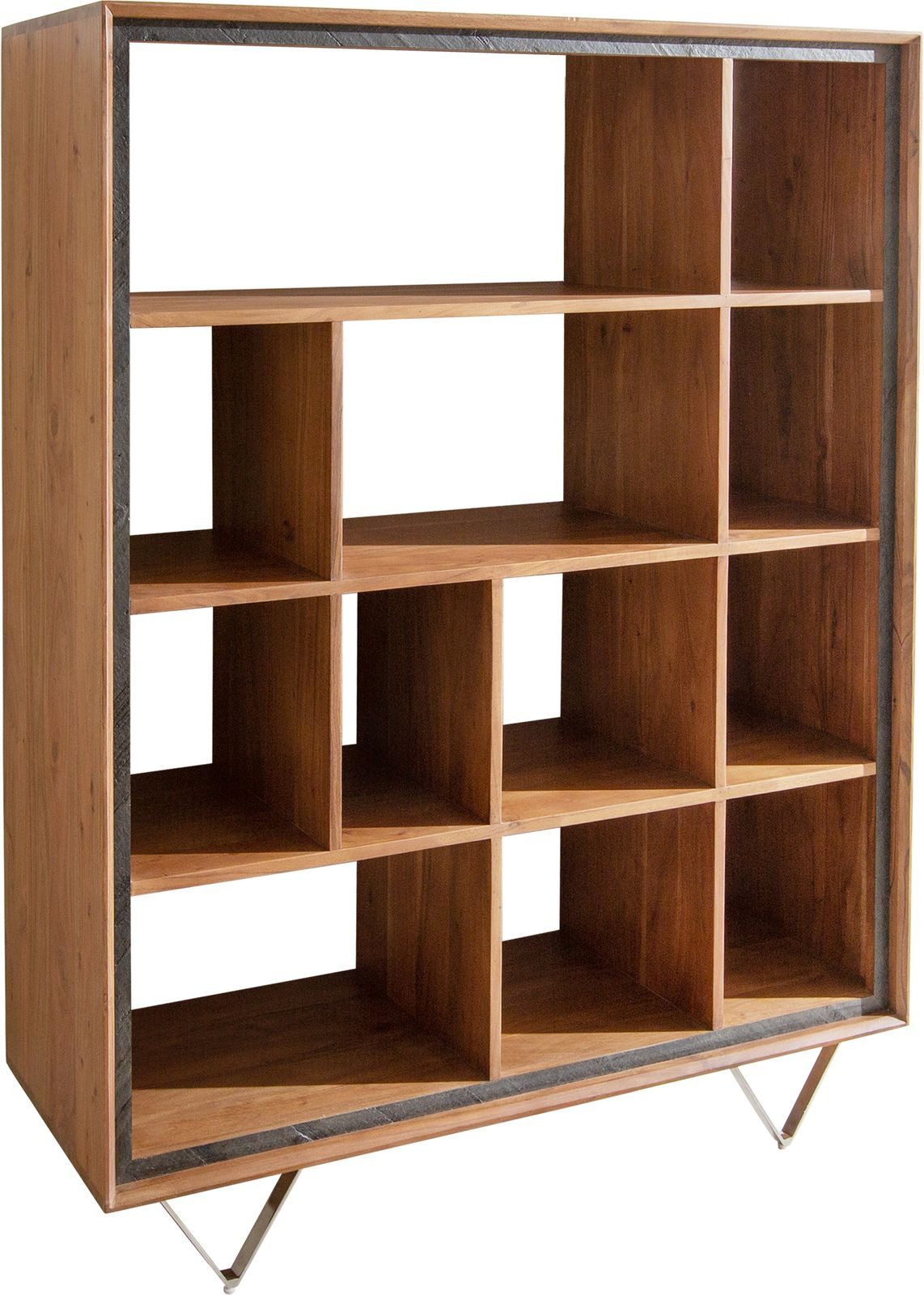 DELIFE Standregal Stonegrace, Akazie Natur 115x150 12 Fächer Steinfurnier V-Fuß Highboard