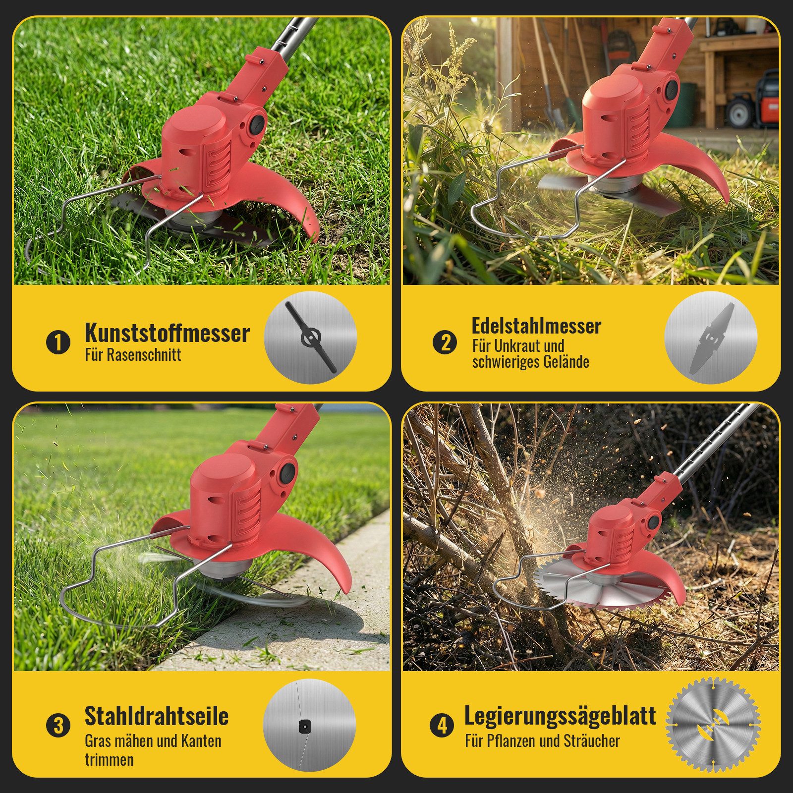 CONENTOOL Akku-Rasentrimmer 21V mit 4000mAh Akku, Verstellbarer Teleskopstiel, 15 cm Arbeitsbreite Messer, (Set, 4 Schneidwerkzeuge), Freischneider & Kantenschneider, inkl. 2 x 2.0Ah Akkus
