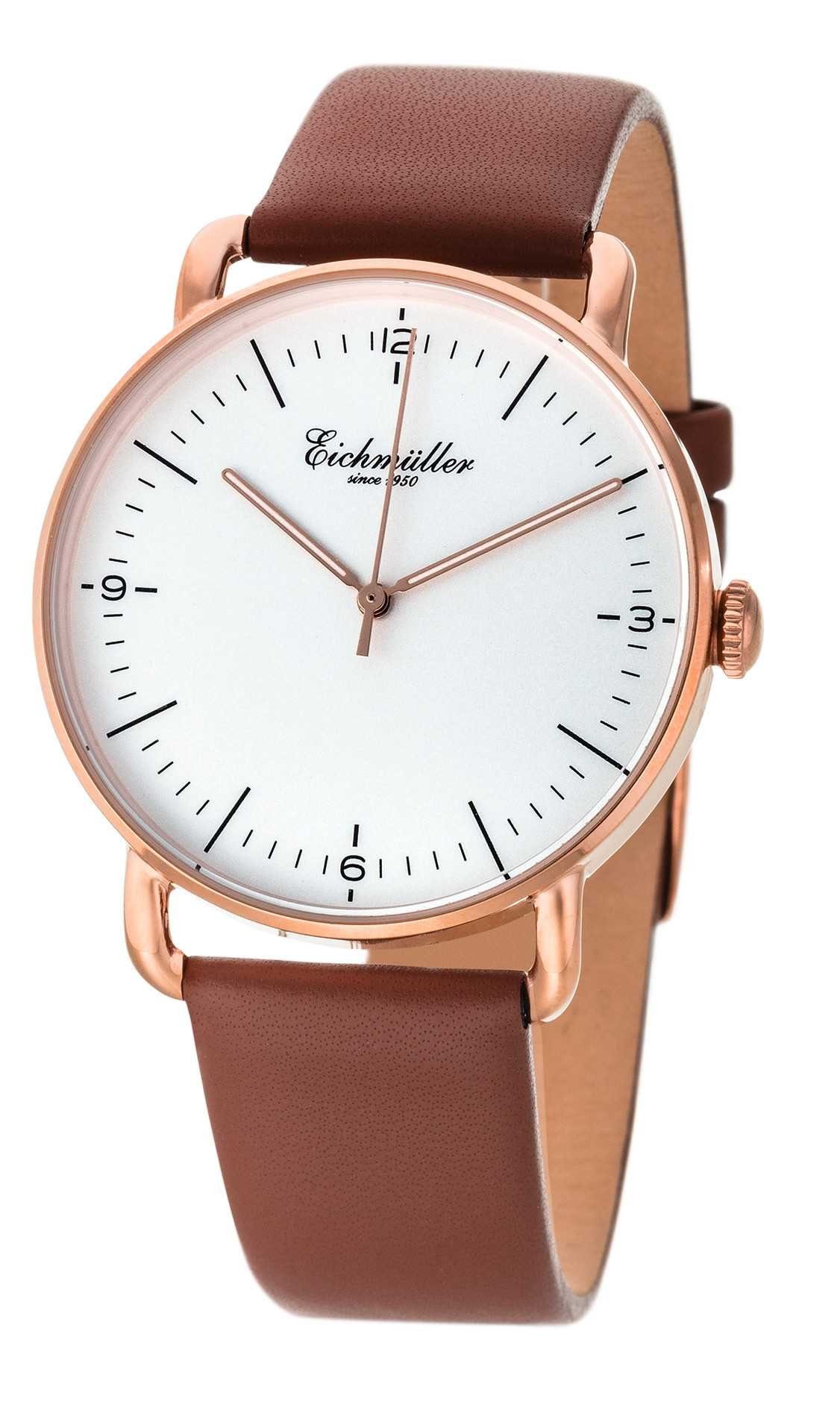 Eichmüller Quarzuhr Herrenuhr 3030-01 Slim-Gehäuse Rose Weiss Lederband 40 mm