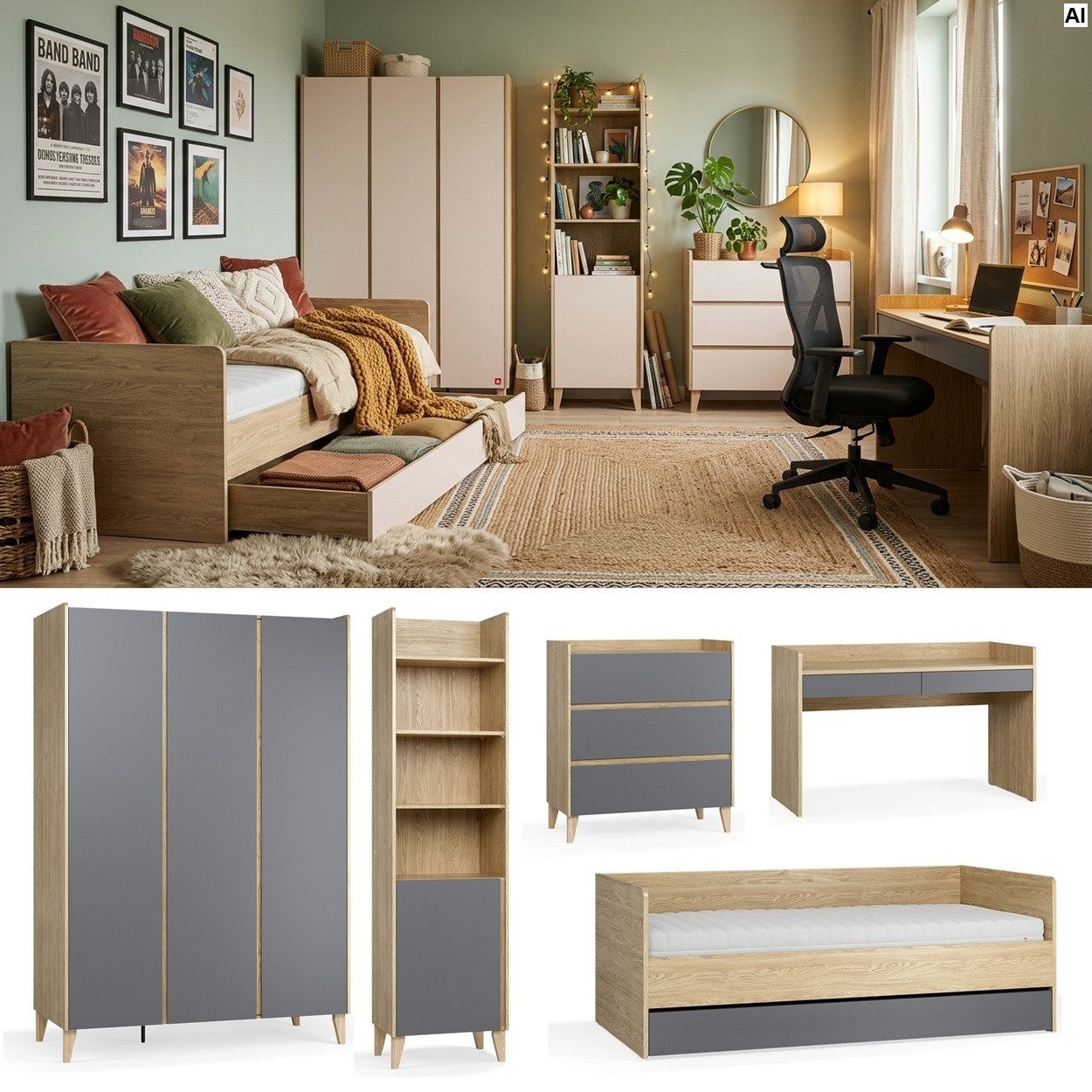 QMM TraumMöbel Jugendzimmer-Set komplett Milan Set B, (Set, 5-tlg., Schrank 3T, Standregal, Kommode, Schreibtisch, Bett 200x90), Bett in 3 Ausführungen