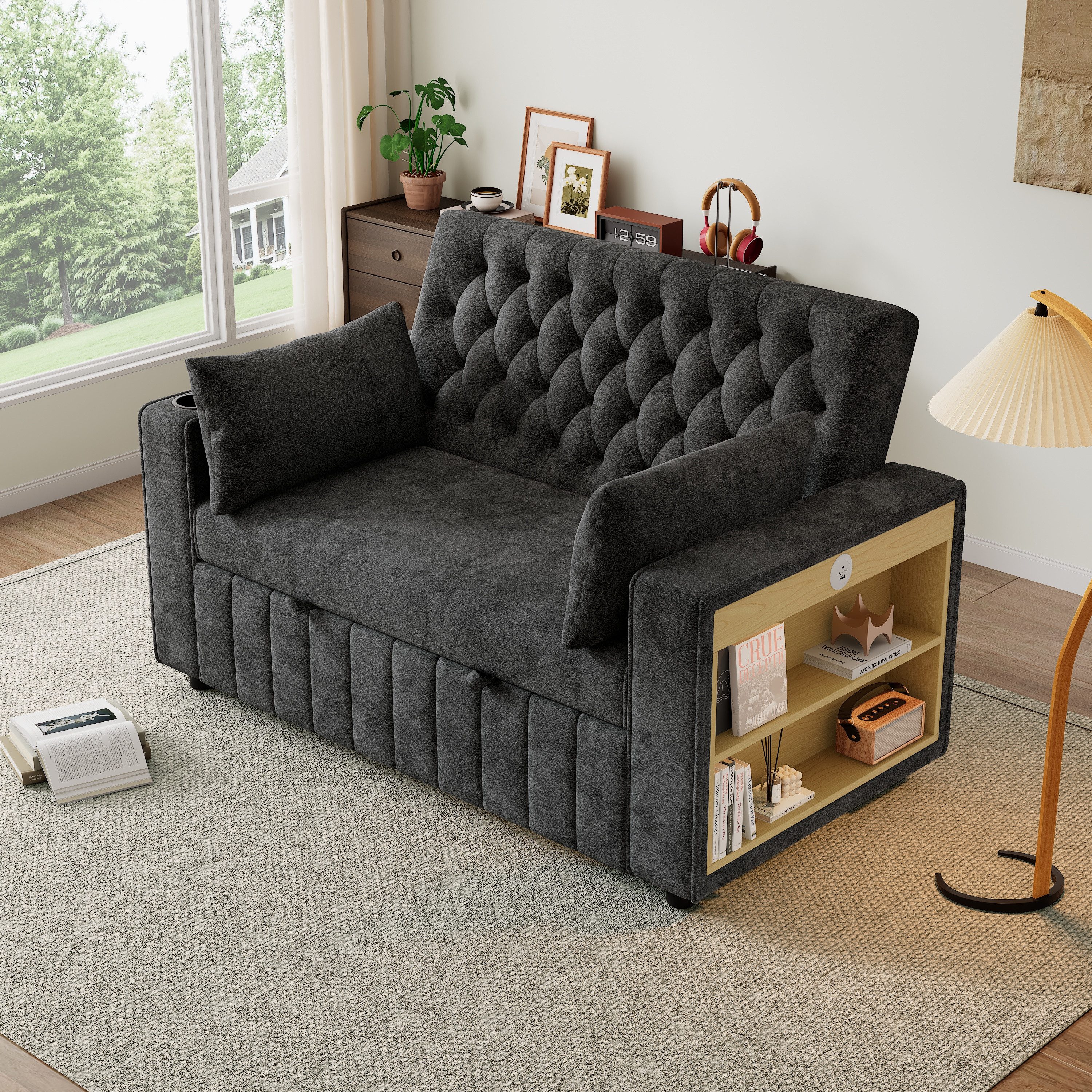 Odikalo Schlafsofa Schlafcouch mit Schlaffunktion, Zweisitzer mit USB & Kissen, modernes Klappsofa mit Stauraum und Schlaffunktion, Getränkehalter, USB-Ladeanschluss und Kissen, platzsparende Couch für Wohnzimmer, Schlafzimmer und Gästezimmer, Beige / Grau