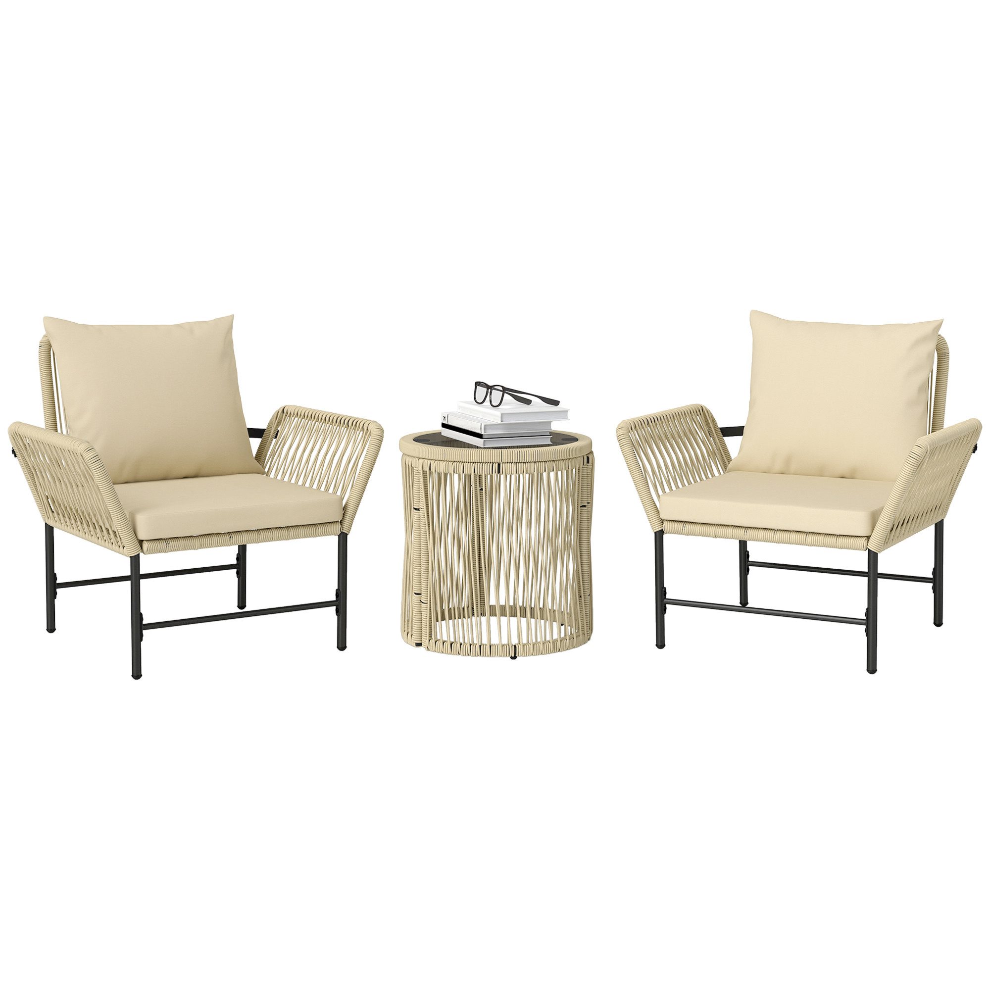 Outsunny Sitzgruppe mit 2 Stühle, Beistelltisch, Sitzkissen, (Outdoor Balkonmöbel für 2 Personen, 3-tlg., Polyrattan Gartenmöbel Set), für Garten, Balkon, Khaki+Beige