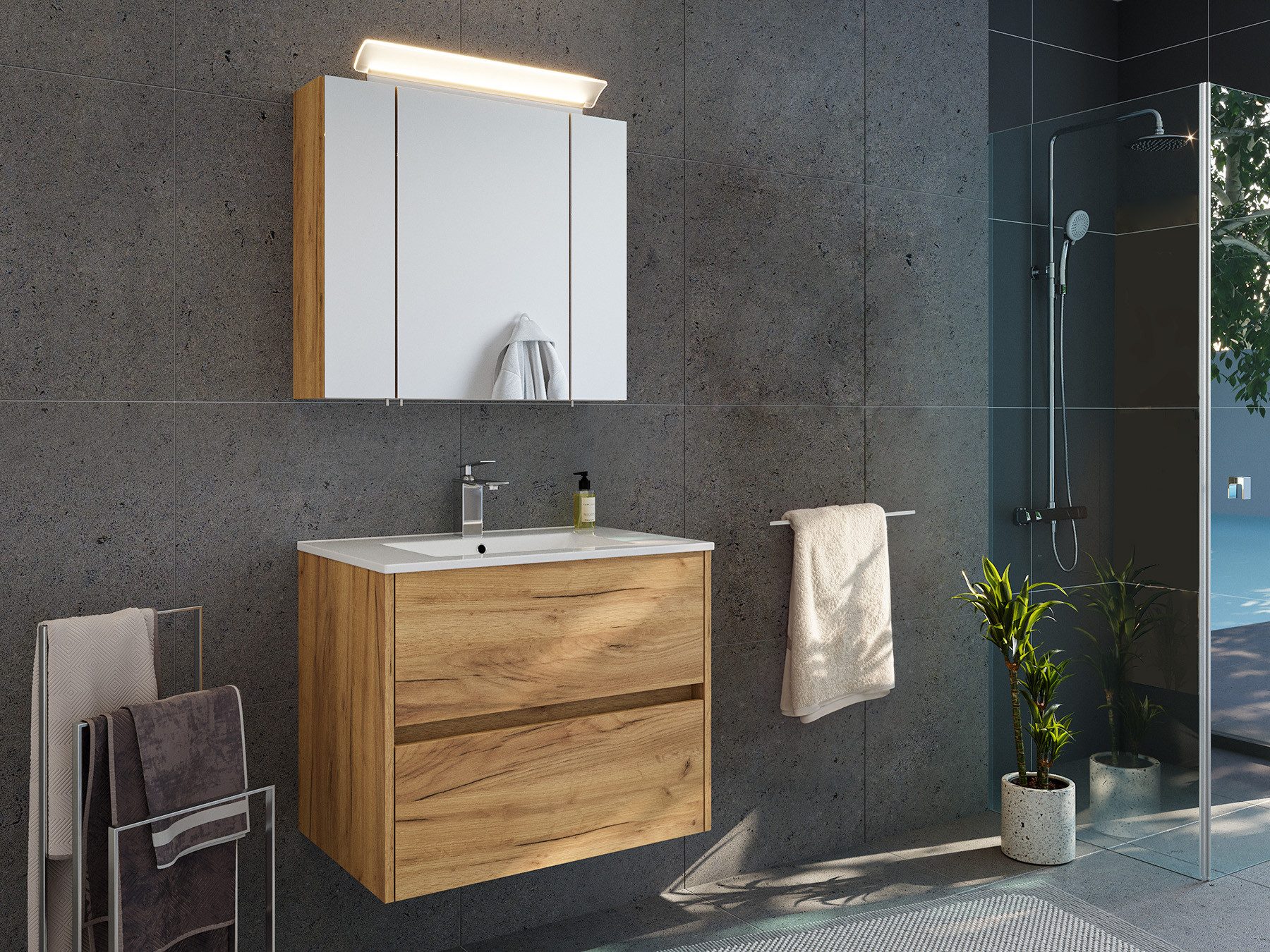 Magnolia Home Badmöbel-Set Badmöbelset Taifun 70cm 2tlg mit Spiegelschrank eiche gold