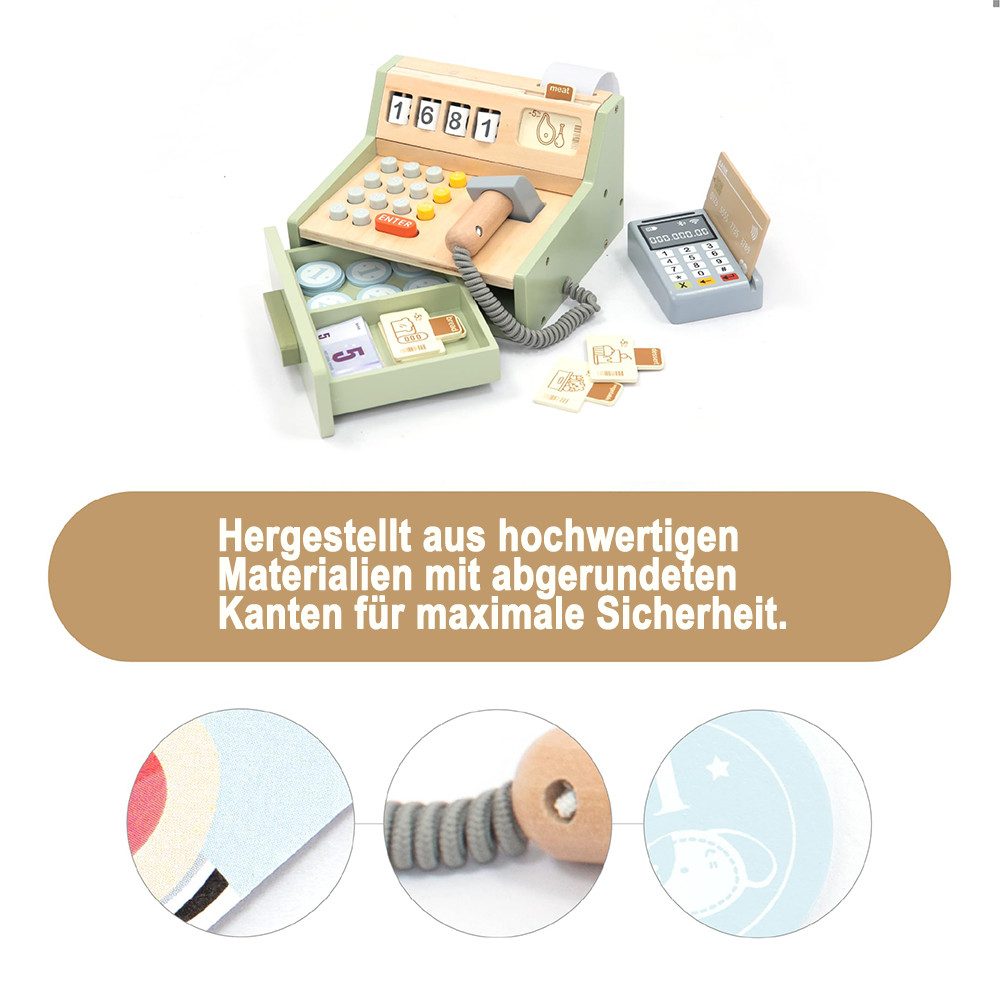 Zaewry Lernspielzeug Holz-Kasse für Kinder, Spielkasse,Spielkasse Kinderkasse mit Scanner (35-St), Rollenspiel-Geschenk für Jungen und Mädchen von 3, 4, 5 Jahren