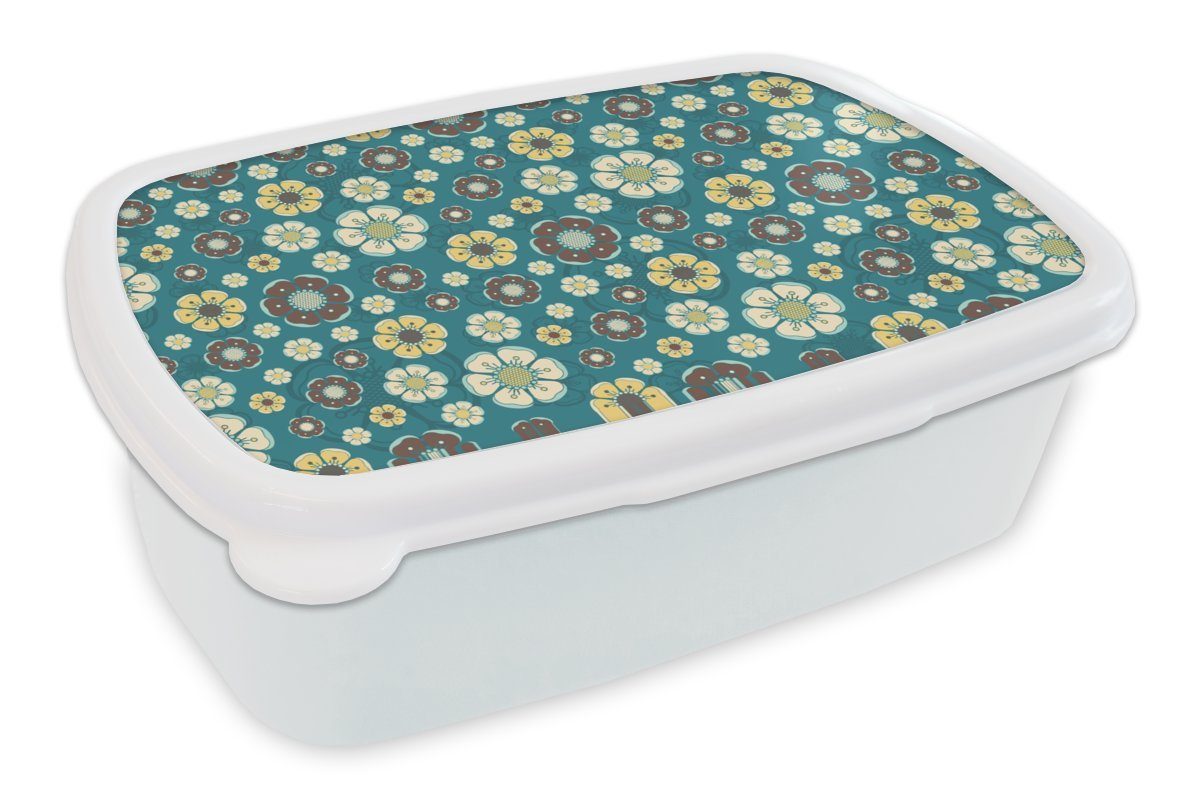 MuchoWow Lunchbox Retro - Blumen - Muster - Blau, Kunststoff, (2-tlg), Brotbox für Kinder und Erwachsene, Brotdose, für Jungs und Mädchen weiß