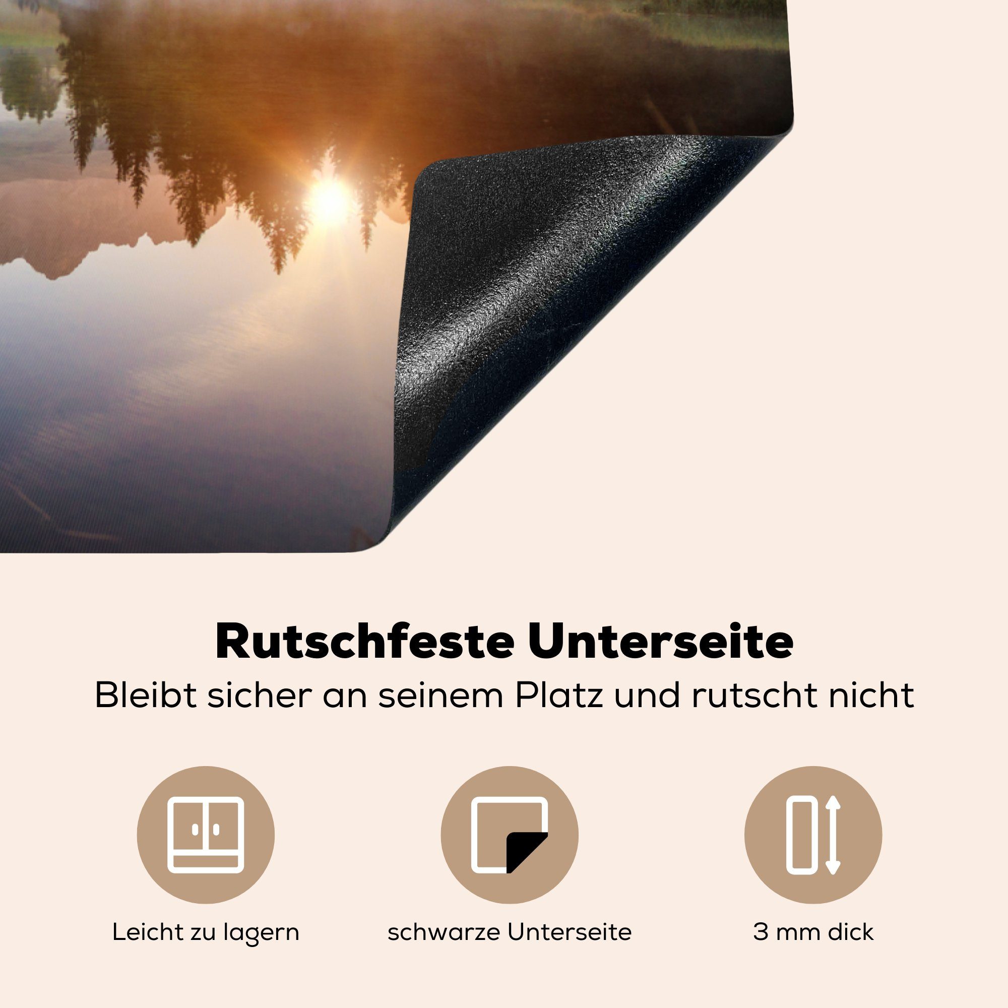 Schutz cm, Sonnenaufgang für in MuchoWow 81x52 die Herdblende-/Abdeckplatte Vinyl, küche, Pragser Italien, tlg), am Wildsee Induktionskochfeld (1 Ceranfeldabdeckung