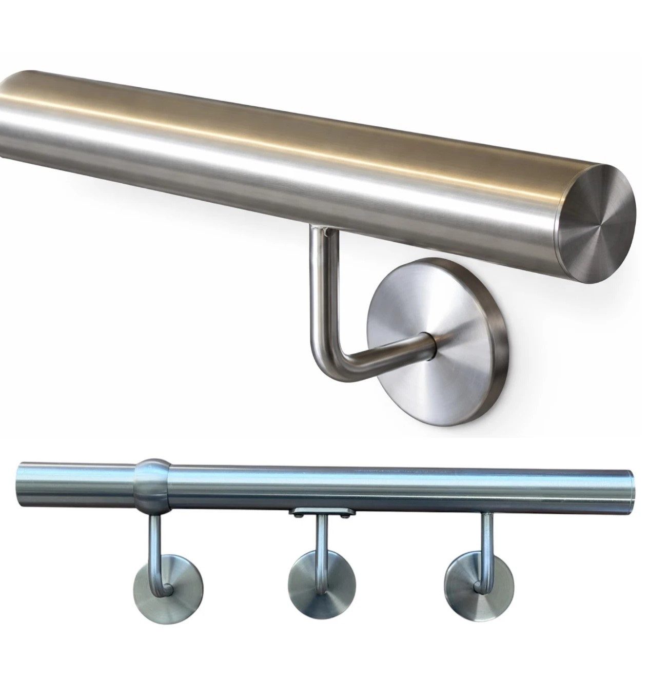 StahlFux Treppengeländer Edelstahlhandlauf Wandgeländer Handlauf, 30 cm Länge, 4,24 cm Höhe, mit 1 Pfosten, Wandmontage, 1-tlg., Länge von 30 bis 450 cm, Wandhalter mit massiver Trägerplatte für zuverlässige Montage