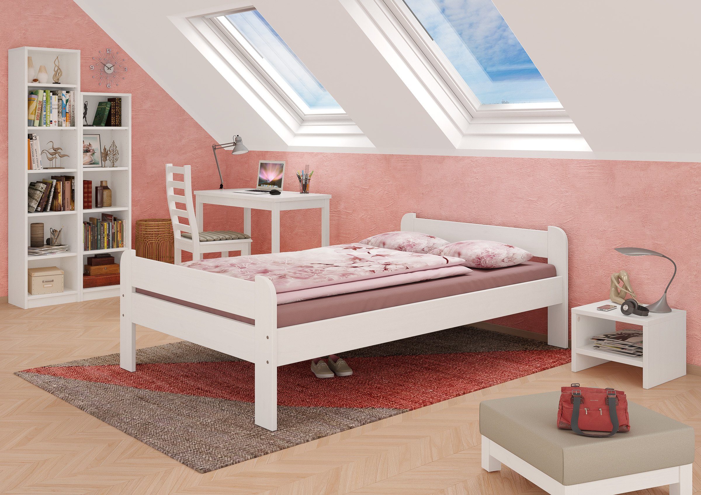 120x200 Einzelbett Bett weiß Kiefer, breites robustes Massivholz Kieferwaschweiß ERST-HOLZ