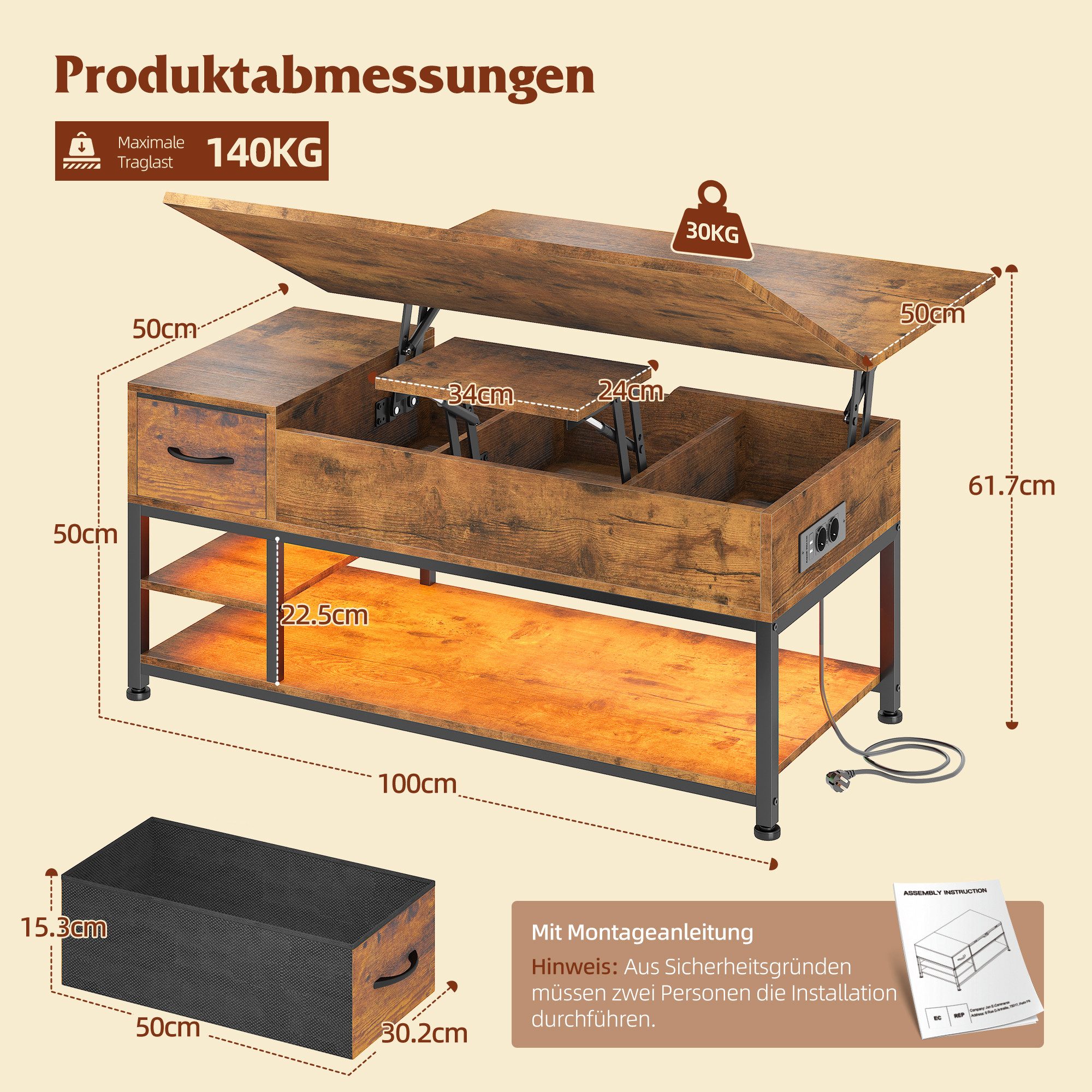 Klyvvo Couchtisch Höhenverstellbar mit LED und Stauraum, 4-in-1 Wohnzimmertisch (1-St), Steckdosen, USB, Coffee Table für Wohnzimmer, Büro, 1 Schubladen – Bild 2 von 5