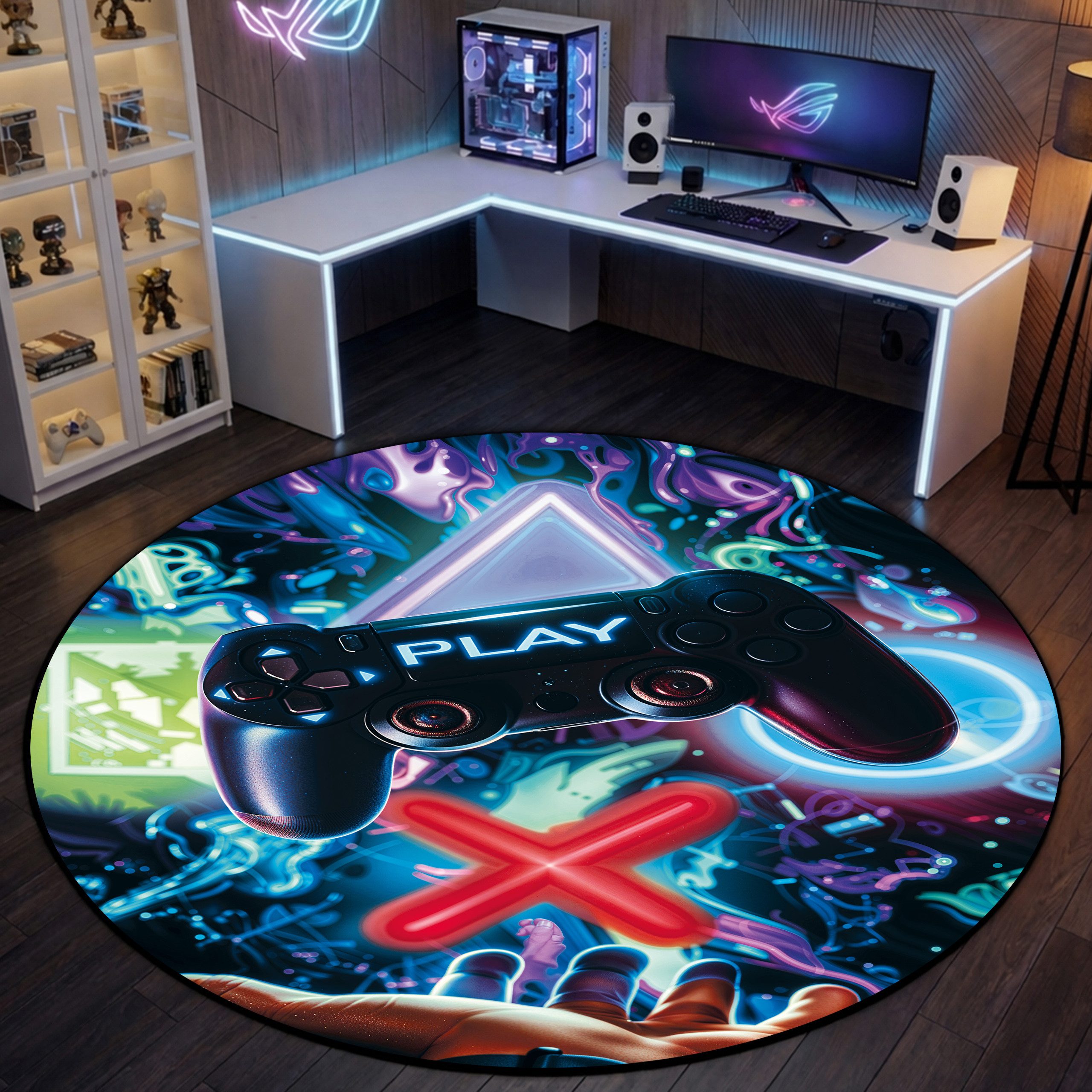 TeppichHome24 Teppich Gaming Teppich mit neonfarbigen Symbolen, rechteckig, pflegeleicht, gleichmäßige Oberfläche, für Fußbodenheizung geeignet