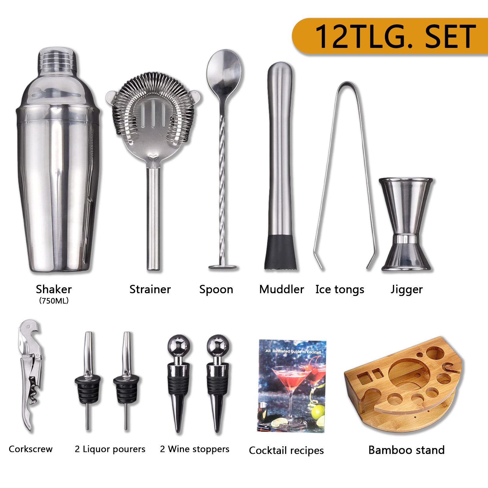 GLIESE Cocktail-Set Edelstahl Cocktail Shaker Set 12-teiliges mit Bar Zubehör, (12-tlg., Cocktail Shaker Setz), 750ml, mit Bambus-Ständer
