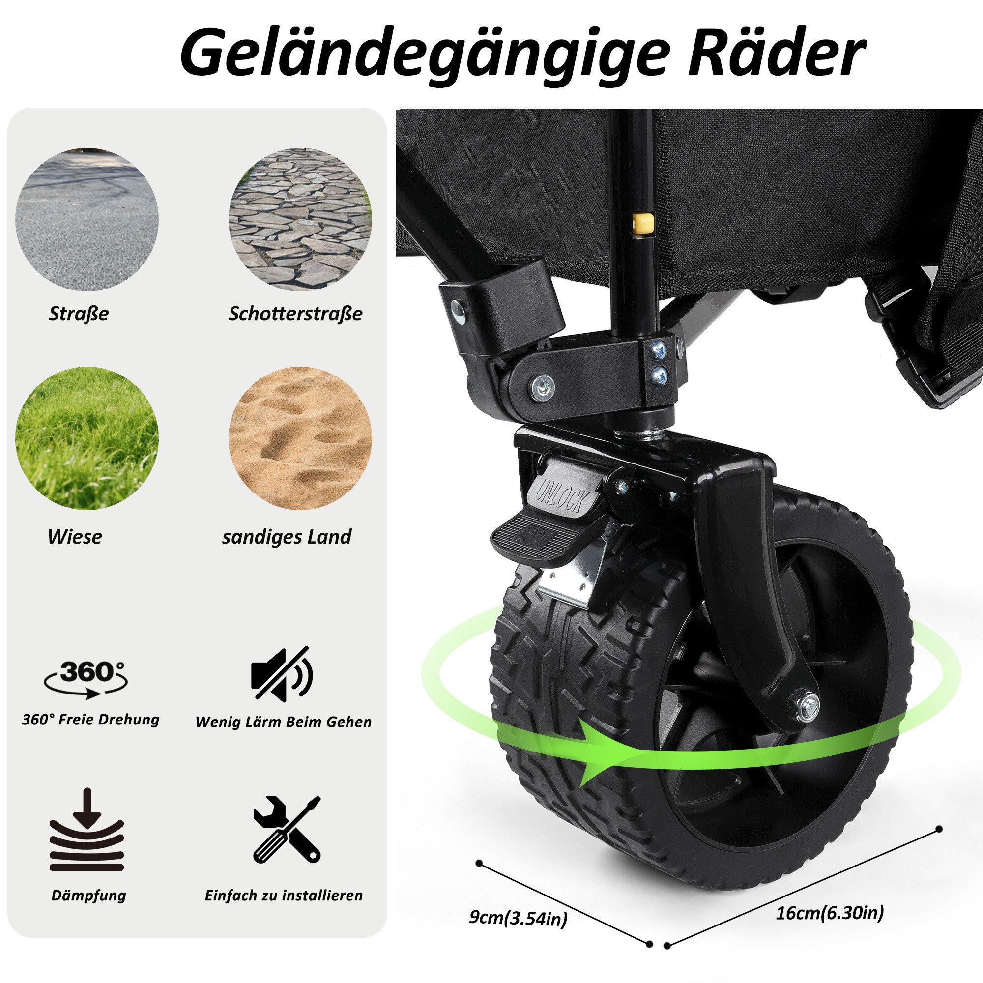 CALIYO Bollerwagen 250L 150KG mit EIN-klick-Handgriff 4-seitig zusammenfaltbar, Mit All-Terrain-Rädern und Bremse sicher verstaubar und stabil – Bild 4 von 5