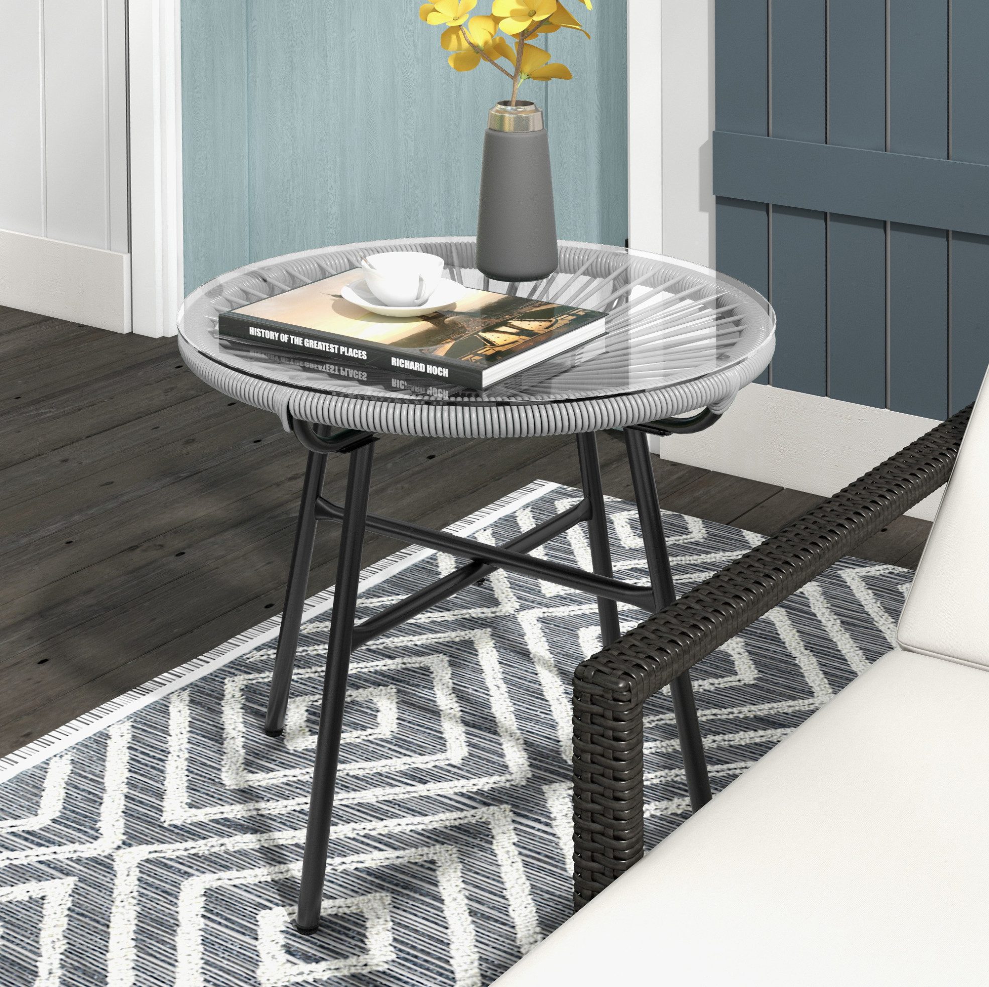 OKWISH Gartentisch PE-Rattan Outdoor Tisch mit gehärteter Glasplatte, wetterfest (Packung, 1-St., Kleiner Balkon- und Terrassentisch im Boho Design, runder Tisch), Gartentisch Boho Stil 50 x 50 x 50 cm, Beistelltisch Schwarz+Grau