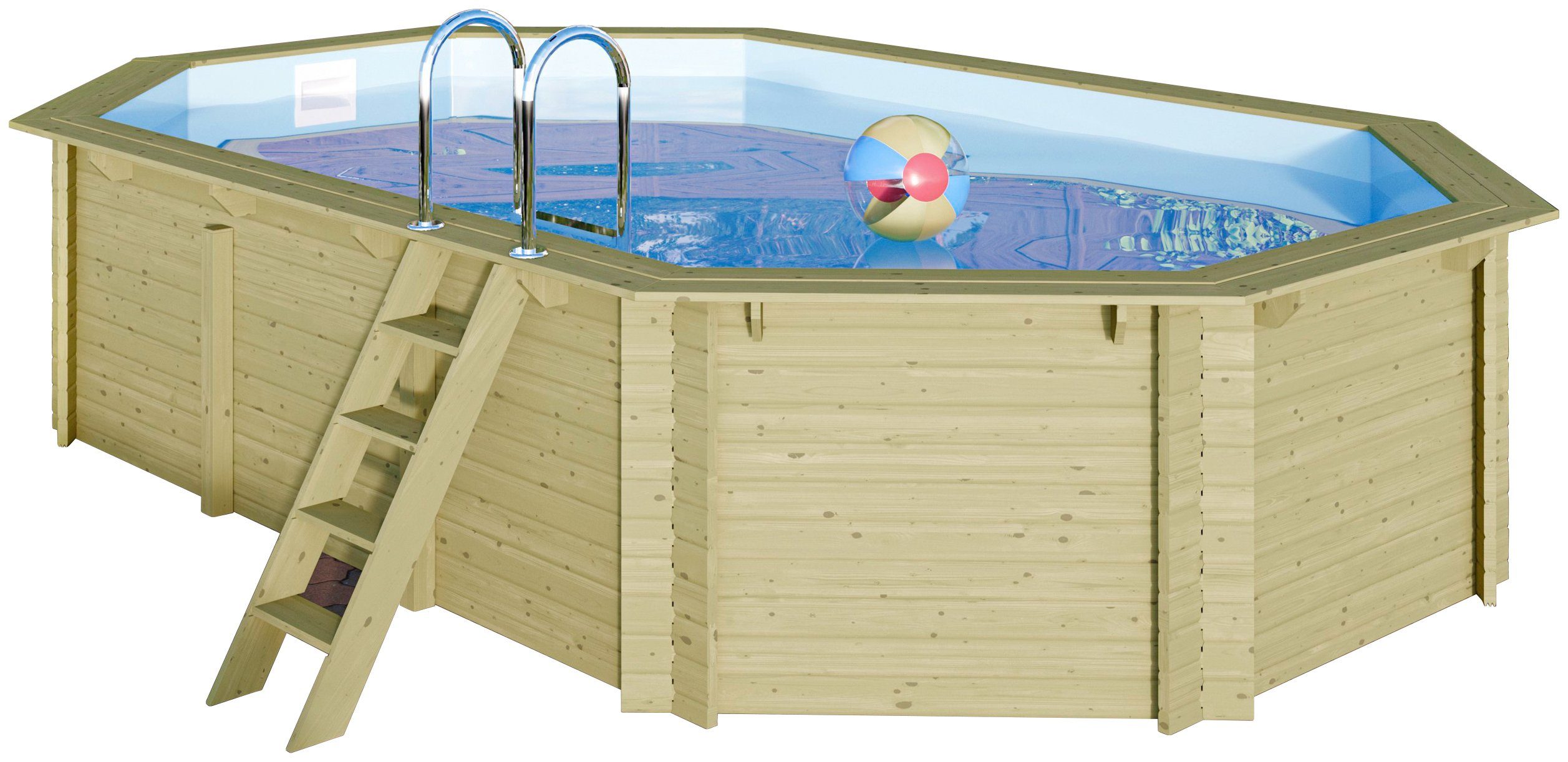 Karibu Achteckpool PALMA Set A BxLxH: 358x569x124 cm (Set, 5-tlg), 38 mm kesseldruckimprägniertes Fichtenholz