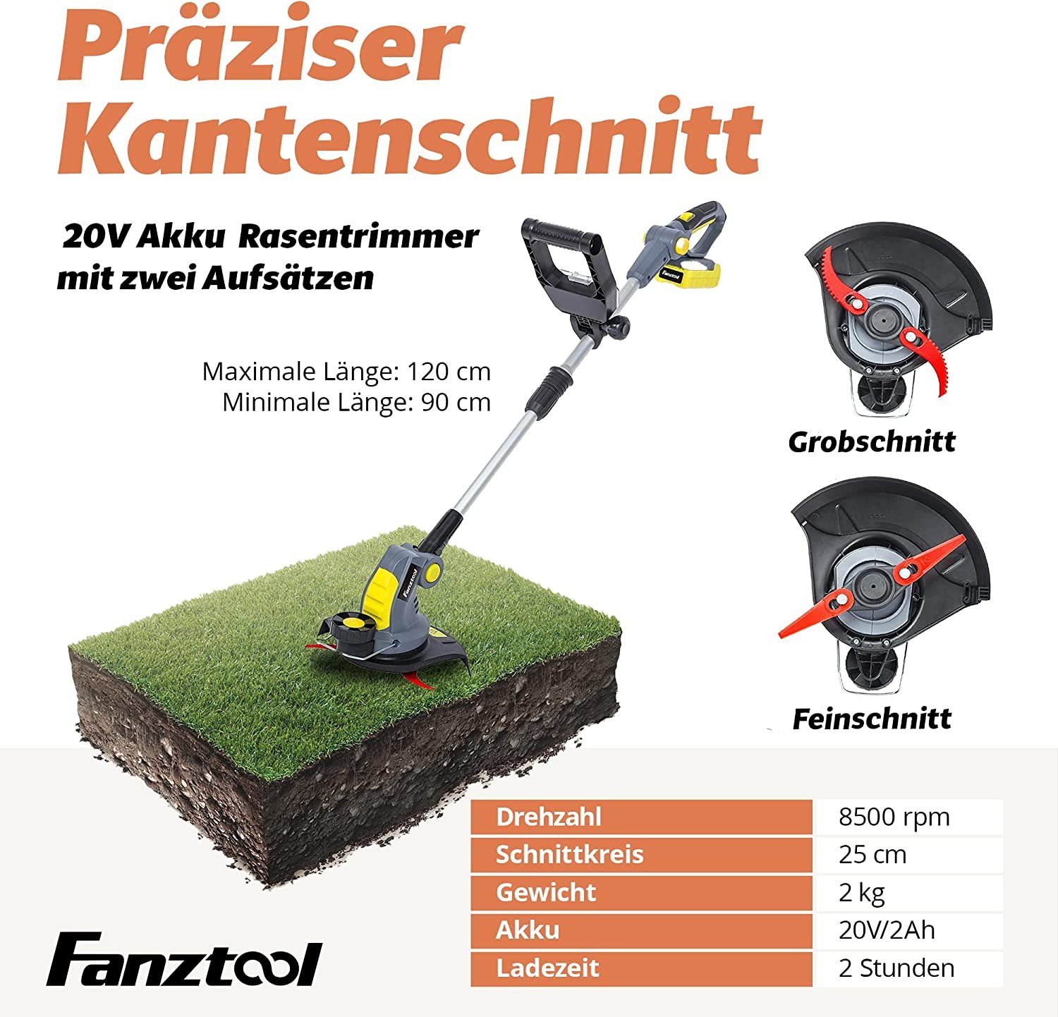 Fanztool Akku-Rasentrimmer 20V, inkl. 2Ah Akku & Ladegerät. Ideal für Feinschnitt und Grobschnitt
