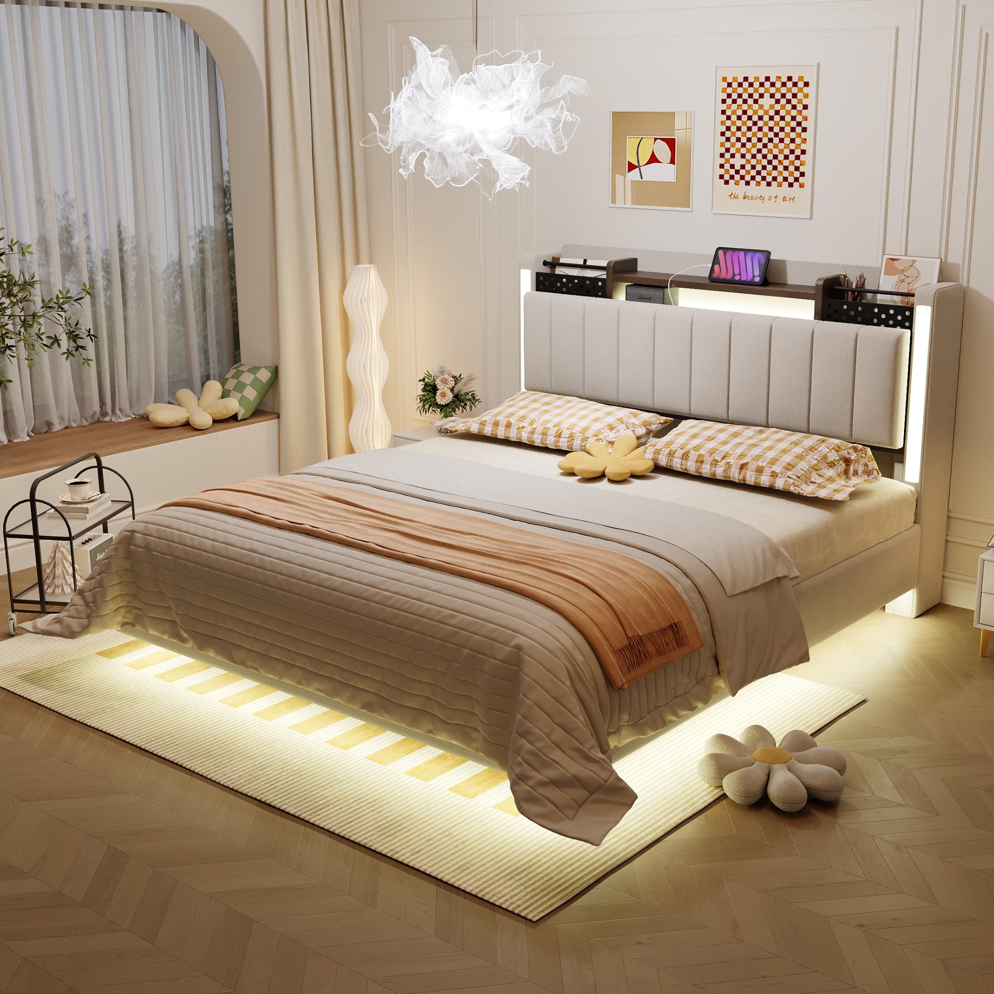 Merax Polsterbett mit LED-Beleuchtung und USB-Ladefunktion (Mehrzweckbett, 1-tlg), Schwebebett Doppelbett 140x200cm mit Kopfteil mit Stauraum,Leinenstoff