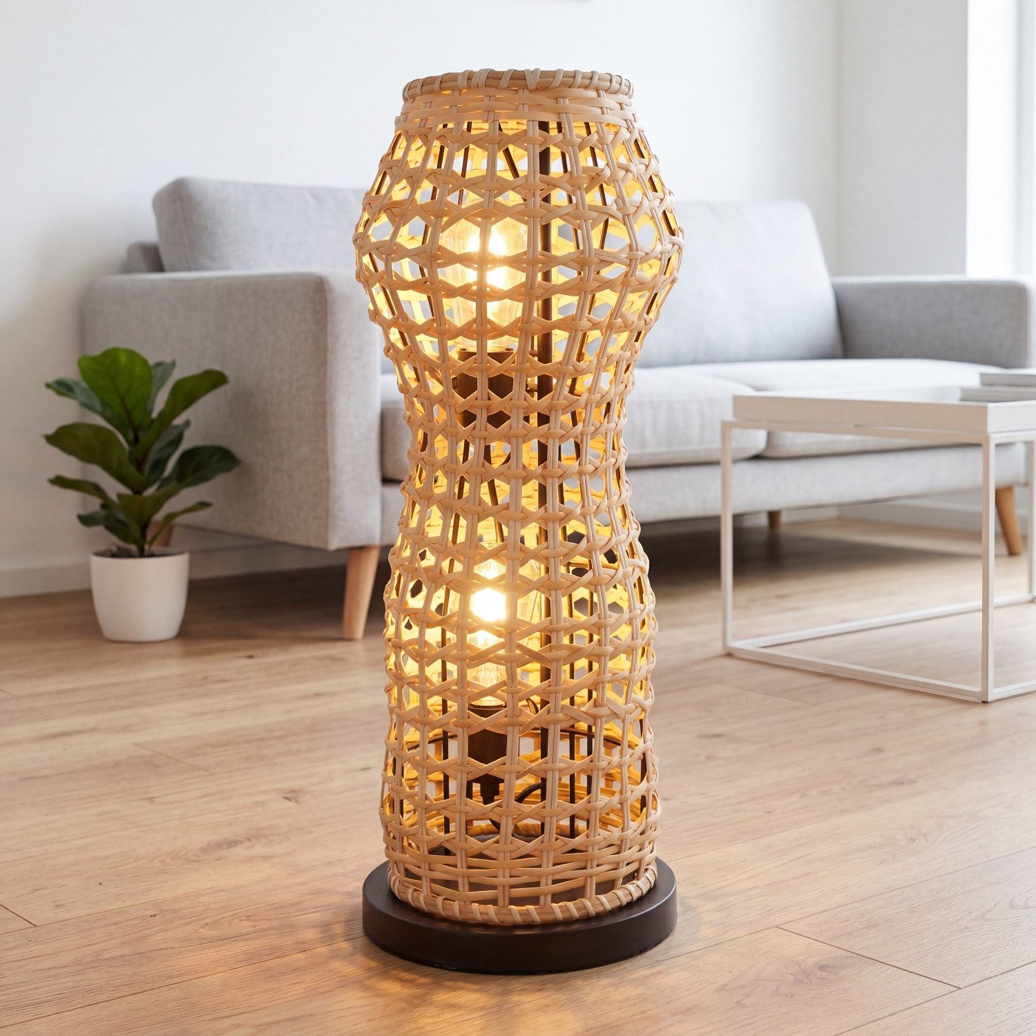 Licht-Erlebnisse Stehlampe LAUKIRCH, ohne Leuchtmittel, Rattan Korb Schwarz Metall E27 2-flammig 60 cm Boho Wohnzimmer Modern – Bild 2 von 5