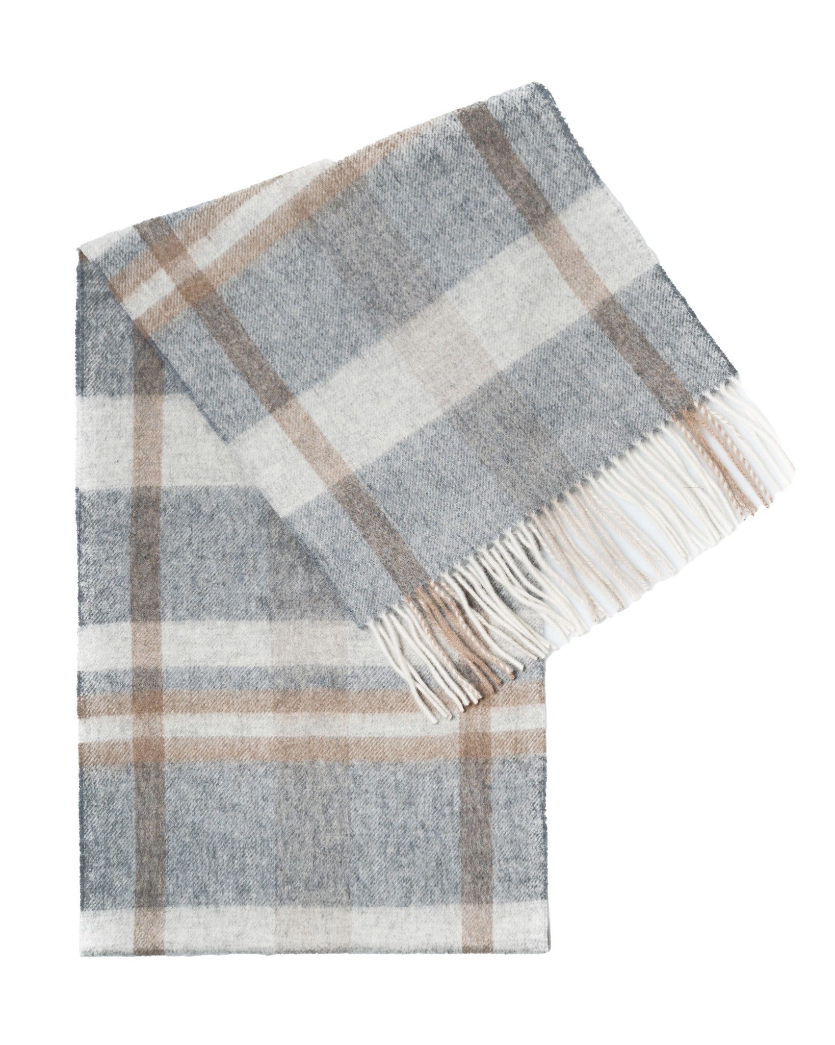 MayTree Kaschmirschal Unisex, 180 x 30cm, mit Fransen, kariert Grau Beige, (Stück, 1-St), 100% Kaschmir