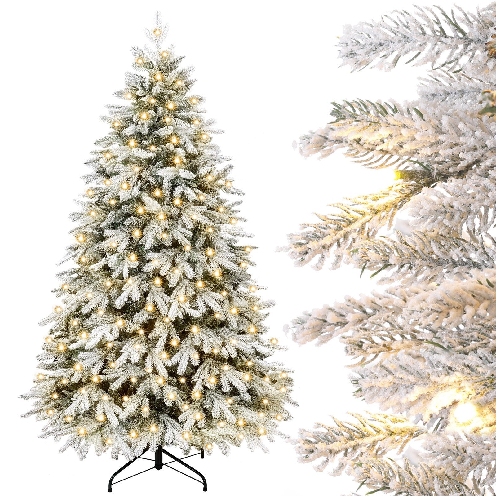Yorbay Künstlicher Weihnachtsbaum Künstlicher Tannenbaum mit LED Beleuchtung, Weihnachstbaum aus PE, PVC, 150 / 180 / 210 cm auswählbar, mit Ständer, Weiß Schneeflocken, Weihnachtsbaum Christbaum für Weihnachten-Dekoration