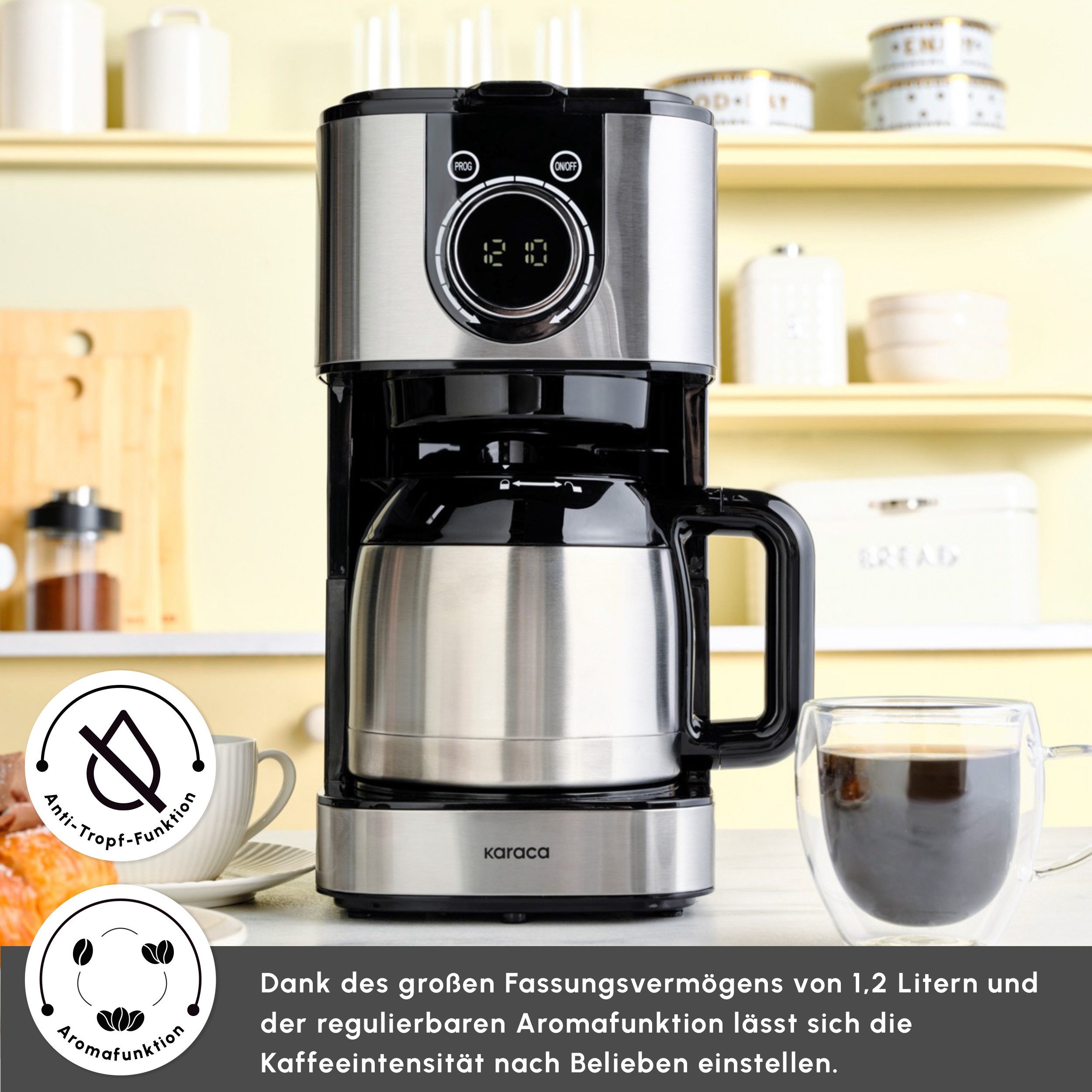 Karaca Espressomaschine, Series 2303 Stahl Filterkaffeemaschine 1,2L für 12 Tassen, Inox
