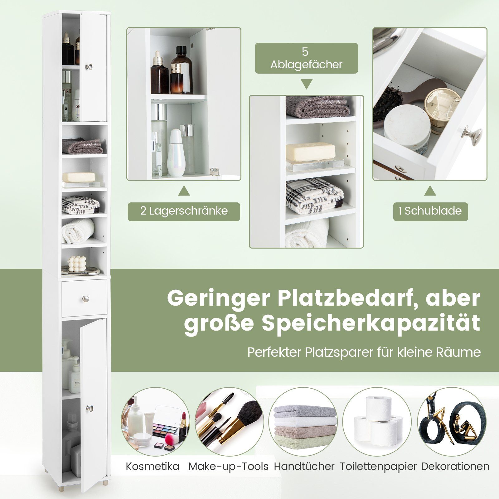 COSTWAY Hochschrank Badschrank schmal, mit Schublade, Türen & 9 Fächern, 180cm weiß
