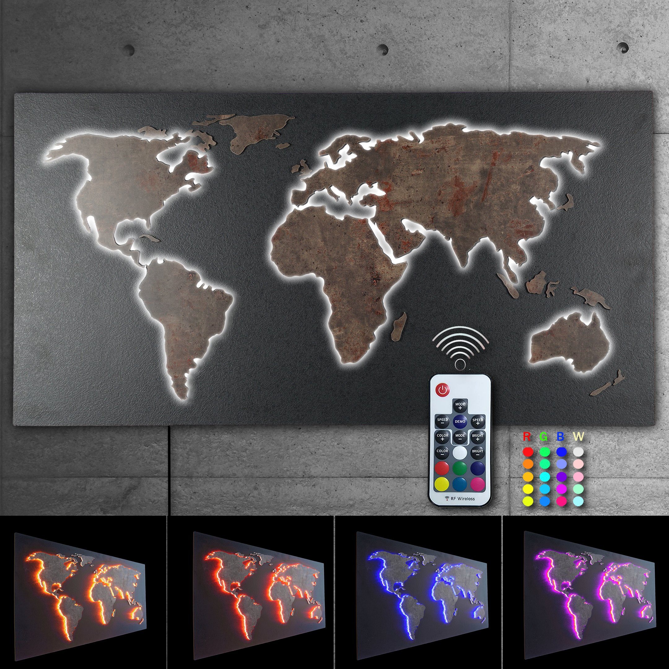 Edelrost mit umleuchtet STEIN-Optik 3D-Effekt, Fernbedienung MAPPA LUX steuerbaren Wanddekoobjekt Designer Rückplatte Länder Weltkarte Granit-Schwarz, 110x57cm bunt Kontinente ZENLED über RGB Objekt LEDs -