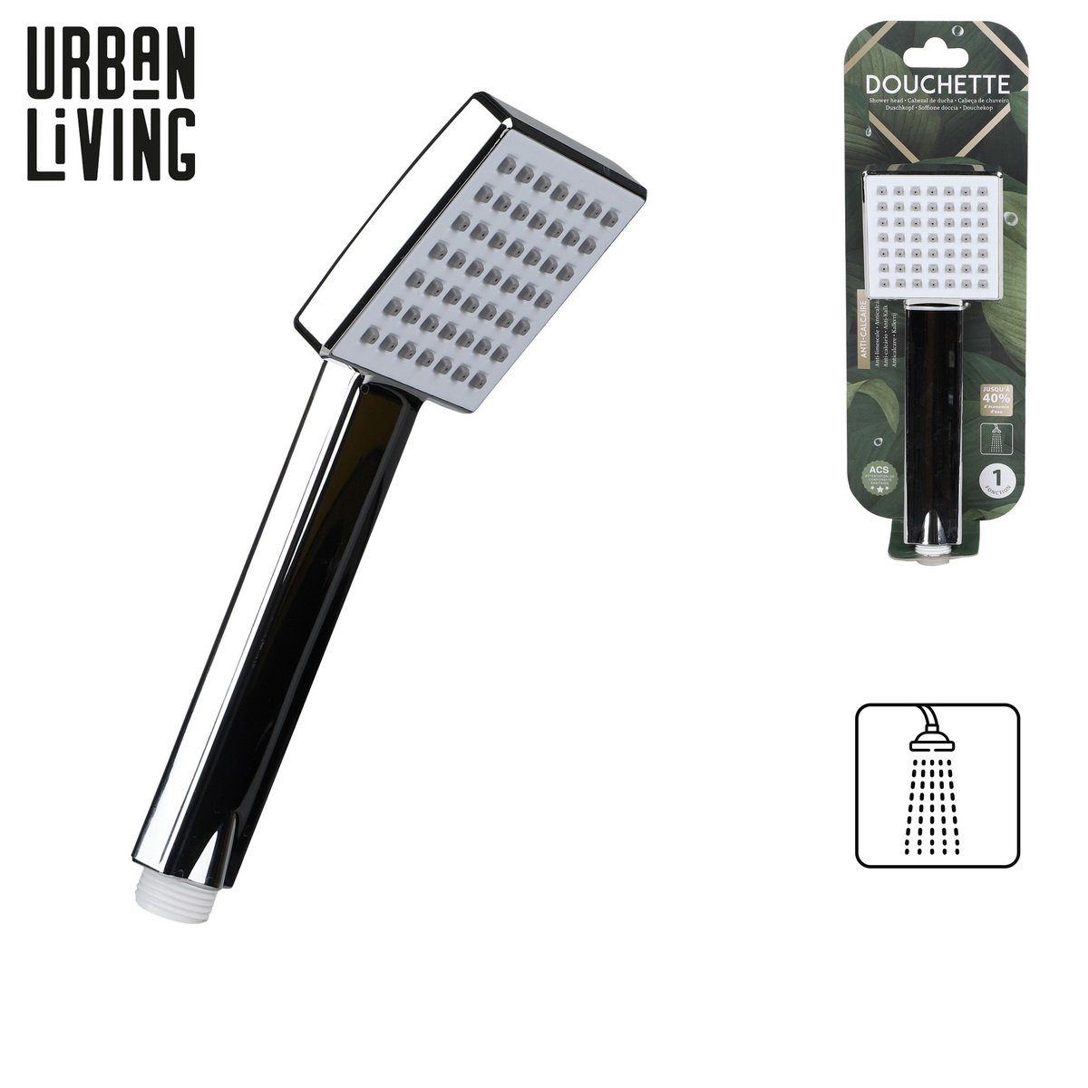 Urban Living Duschbrause Duschkopf Handbrause Duschbrause Dusche Brause, (mit Anti-Kalk-Noppen, Maße Brausekopf 7,5 x 7,5 cm), konische Dichtung für bis zu 40 % Wasserersparnis
