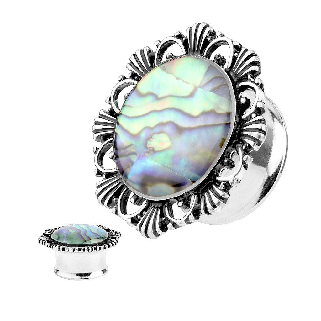 Taffstyle Plug Piercing Vintage Blume Perlmutt Inlay Blüte Motiv, Ohr Plug Flesh Tunnel Ohrpiercing Vintage Blume Perlmutt Inlay Blüte – Bild 2 von 3