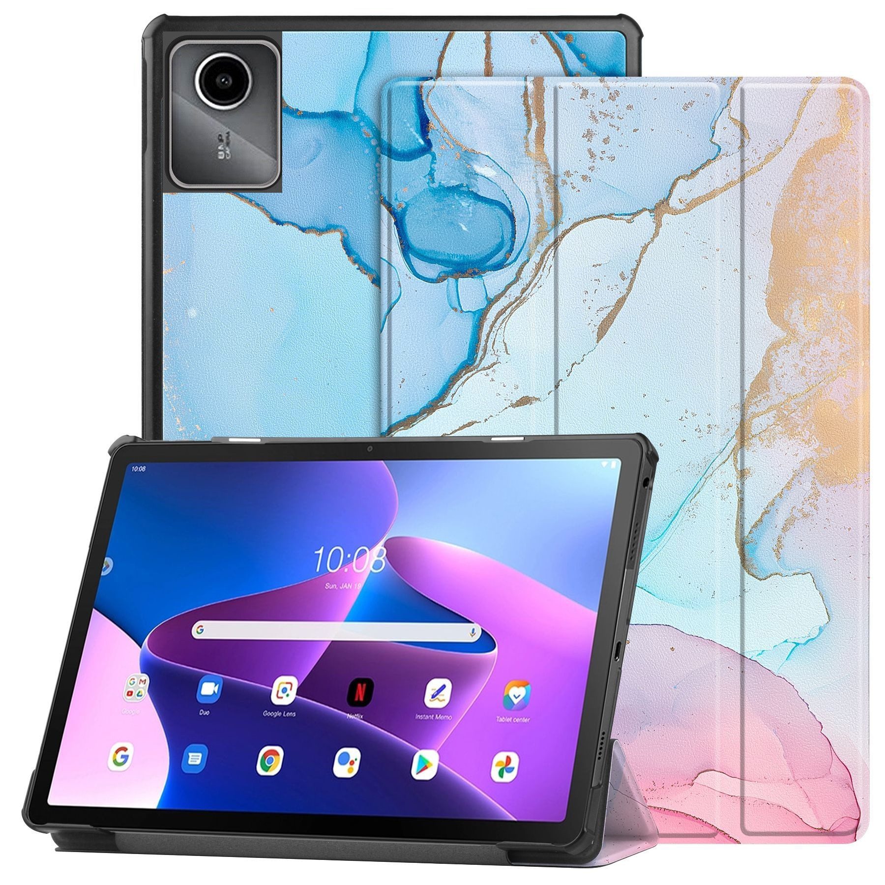 FroShop Tablet-Hülle Schutzhülle für Lenovo Tab M11 11" 2024 TB-330FU, TB-330XU Wake Up, Sleep Hülle Etui Smart Cover Tasche - Farbe BLAU/ROSA MARMOR
