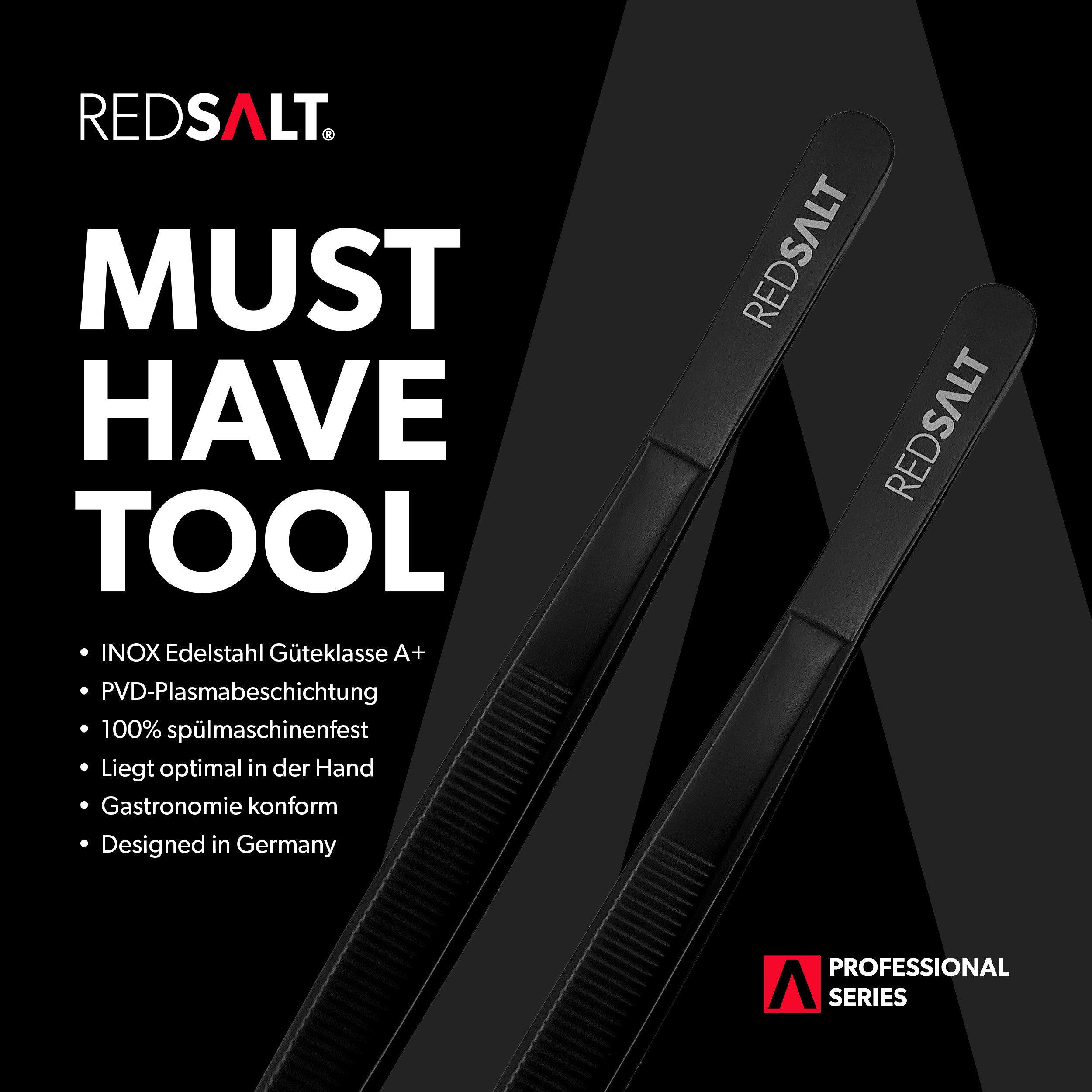 REDSALT® Kochpinzette Black Edition 2er Set Fein & Breit PVD-Plasmabeschichtung, INOX 18/10 Edelstahl Goldstandard 1.4301