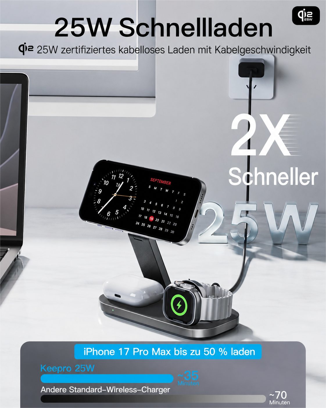 ibettertec 25w Apple Watch iPhone 3in1 MagSafe Wireless Charger Wireless Charger Induktions-Ladegerät (Schnelles Kabelloses Ladegerät, Verfügbar für iPhone 17/1 – Bild 2 von 5