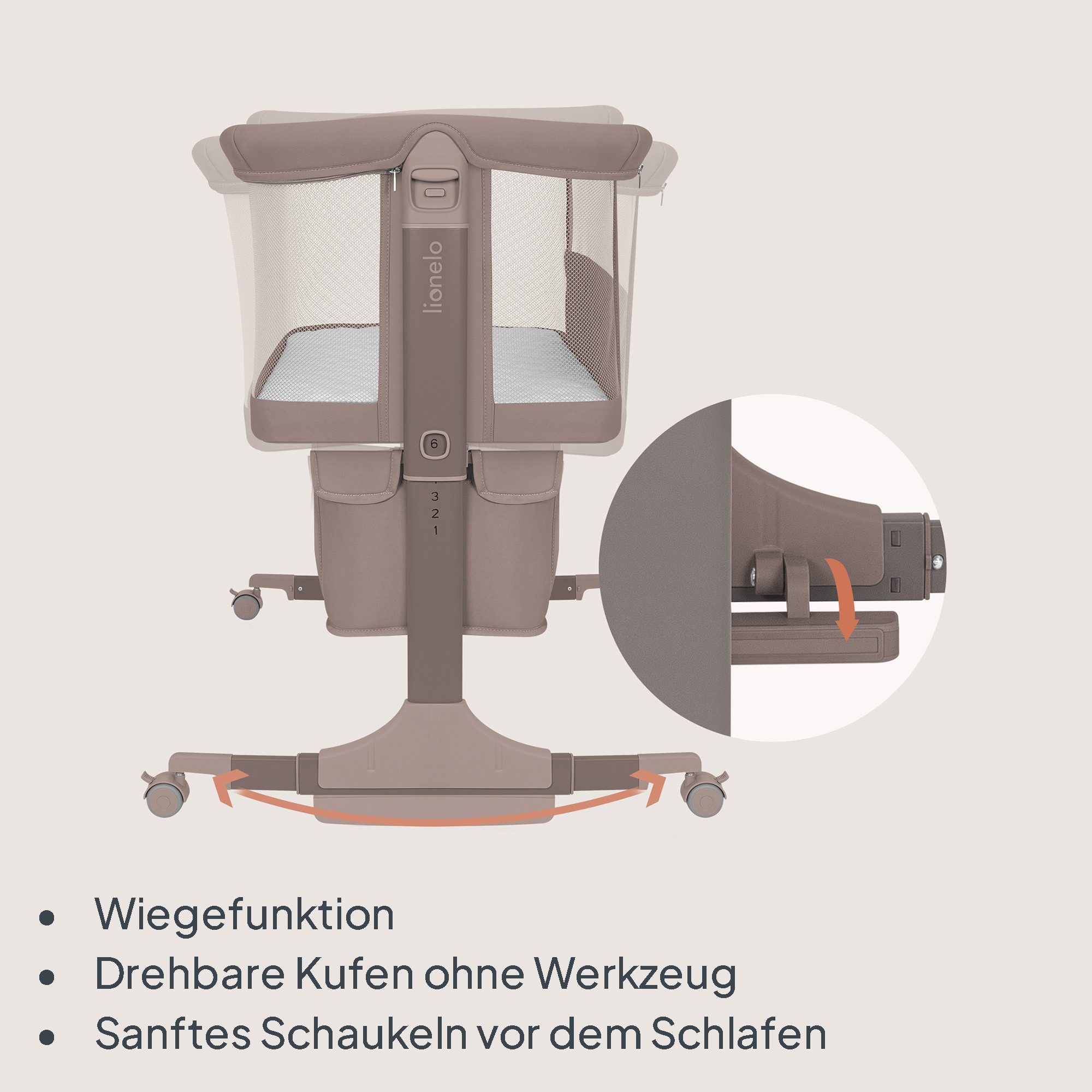 lionelo Baby-Reisebett JODIE, 3in1 Beistell/freistehend/Wiege/6 Stufen/Netzseiten/4 Rollen – Bild 5 von 5