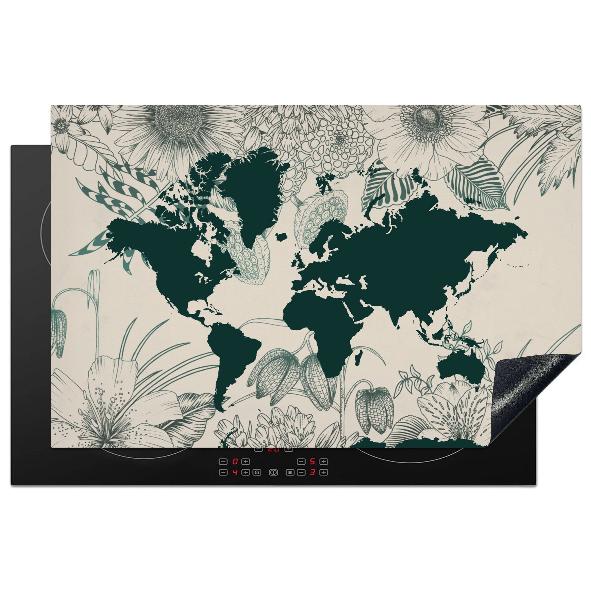 MuchoWow Herdblende-/Abdeckplatte Weltkarte - Blumen - Pflanzen, Vinyl, (1 tlg), 81x52 cm, Induktionskochfeld Schutz für die küche, Ceranfeldabdeckung
