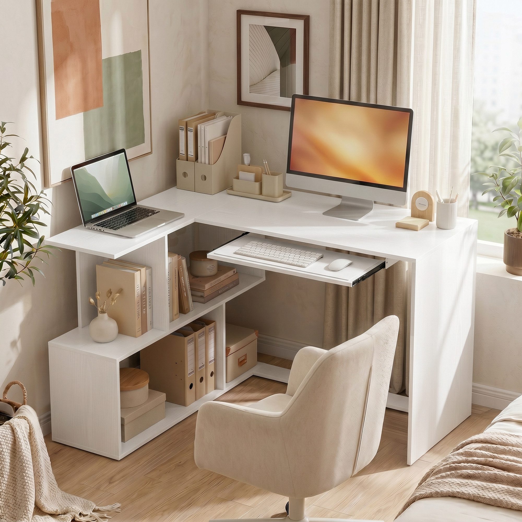 HOMCOM Eckschreibtisch Computertisch für das Home Office (Set, 1-St., 1 Tisch), L-Form, Tastaturauszug, 4 Ablagen