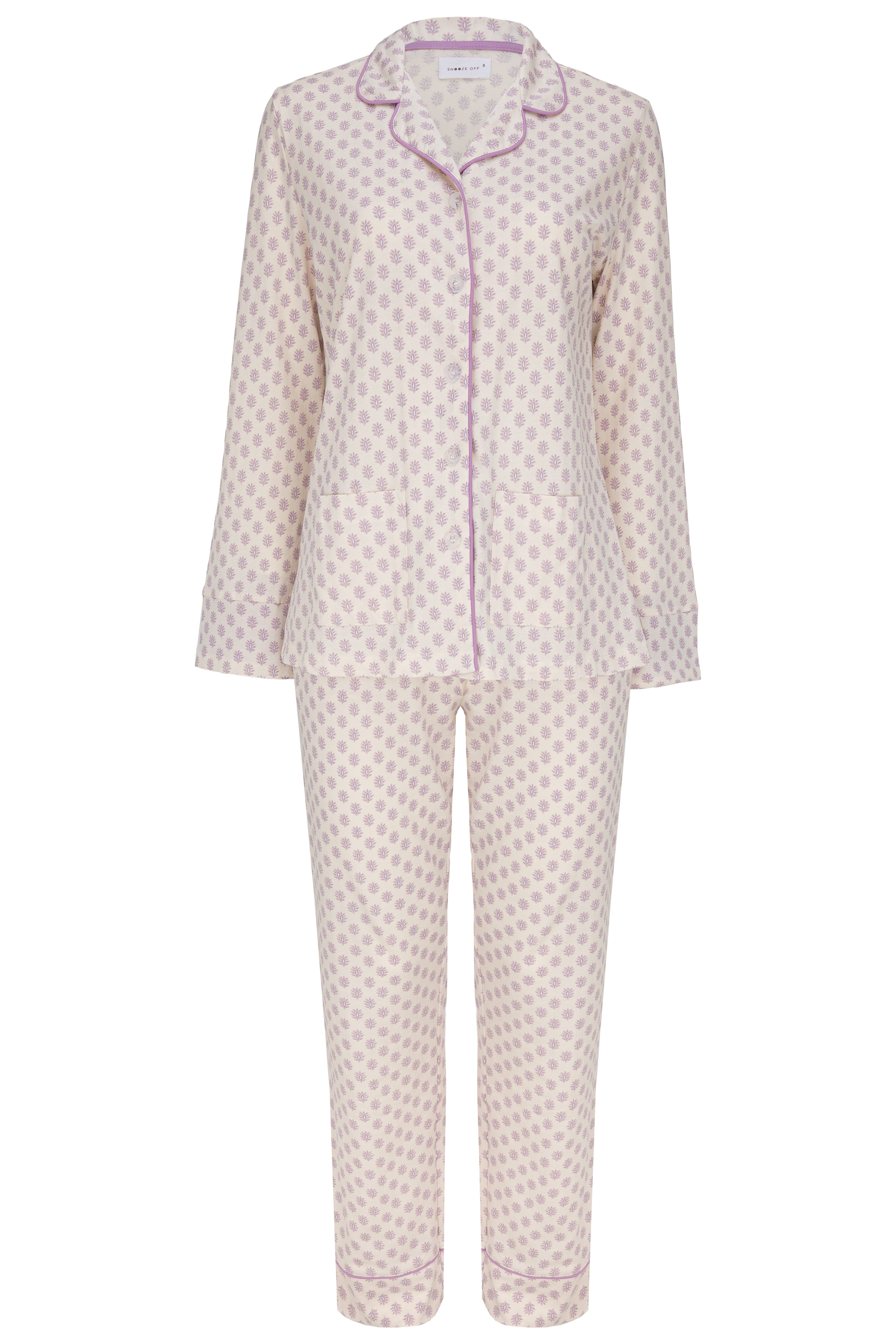 SNOOZE OFF Pyjama Schlafanzug in cremefarben mit lavendelfarbenem Blättermu günstig online kaufen