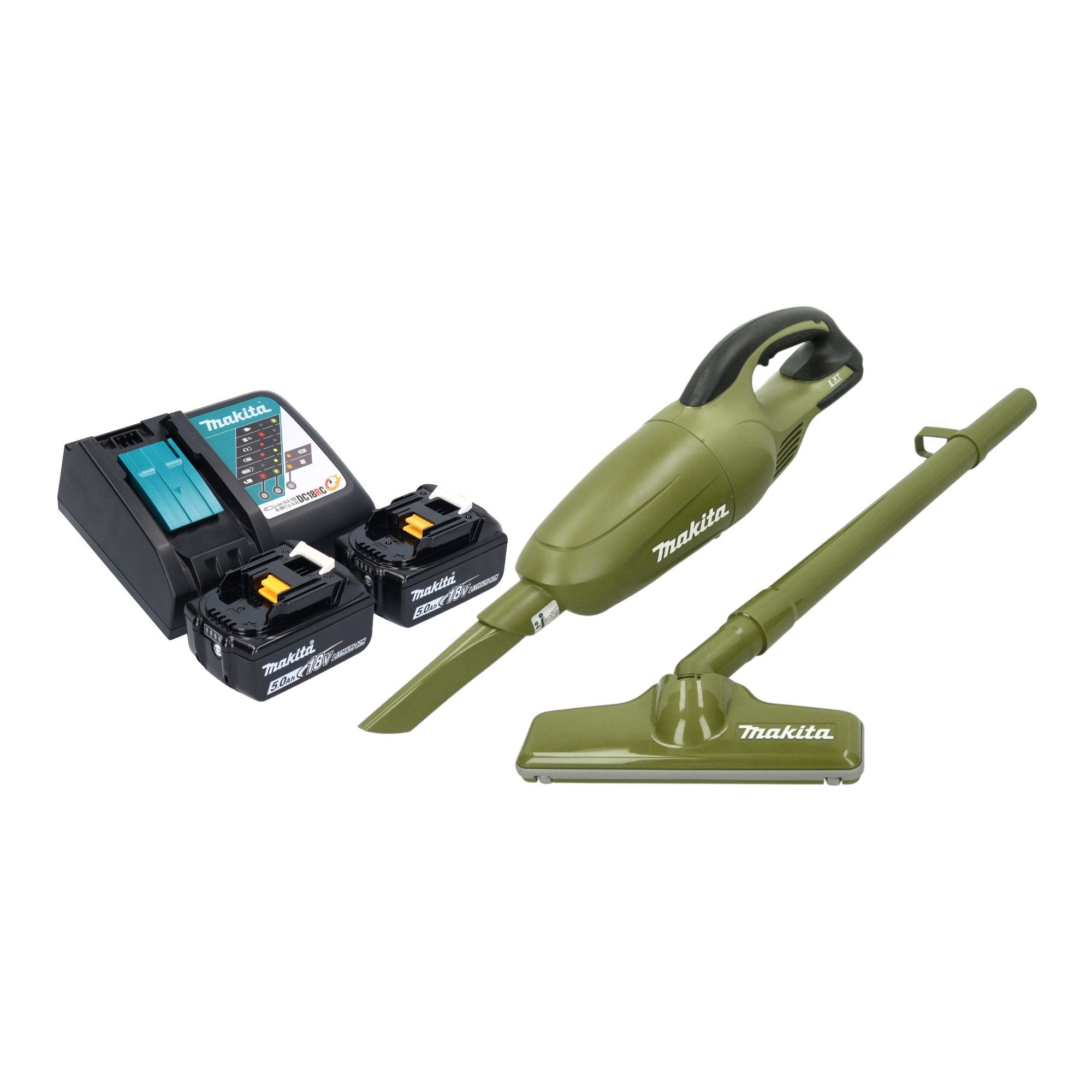 Makita Akku-Handstaubsauger DCL 180 RT2O 18 V 0,65 l Olive + 2x Akku 5,0 Ah + Ladegerät